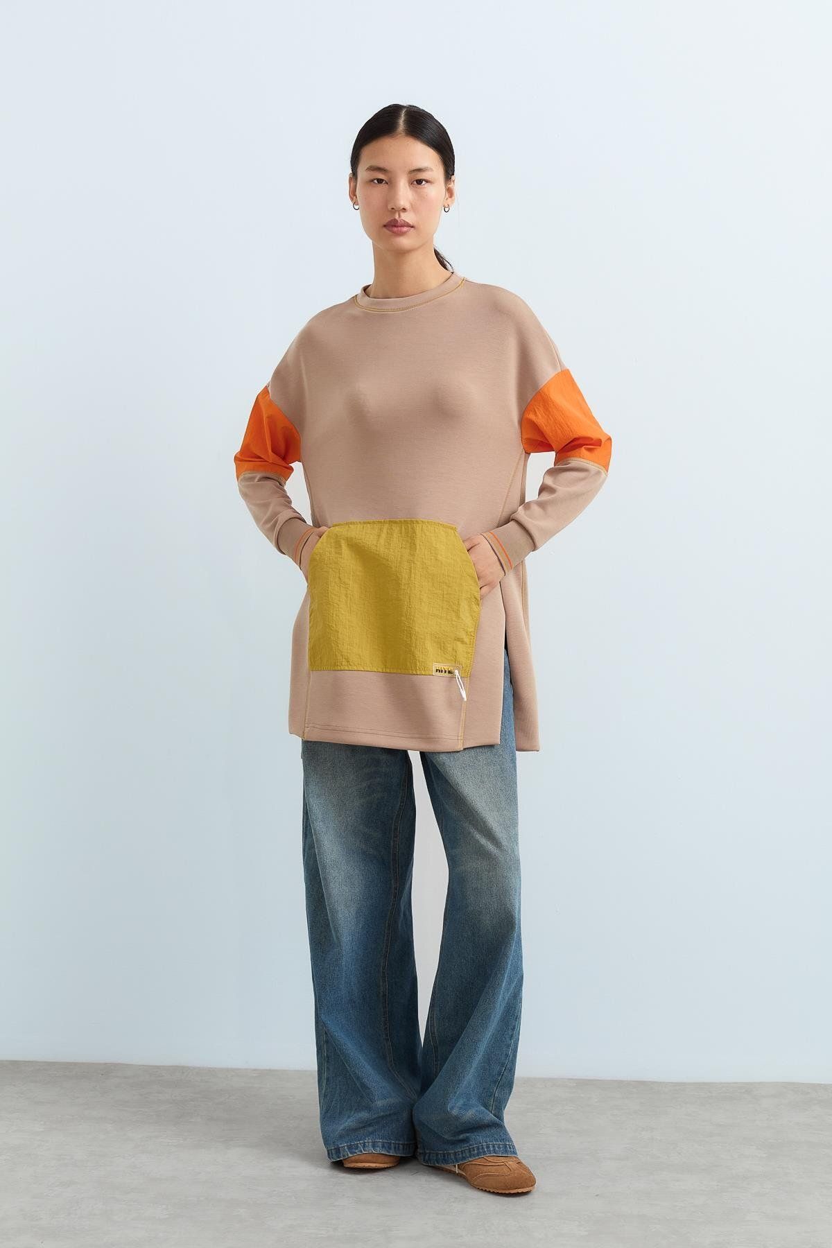 Nihan-Camel Color Blocked Kangaroo Sweatshirt - Pocketed 3