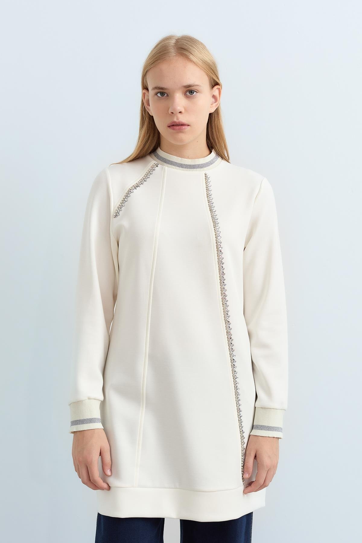 Stone Detailed Ribbed Sleeves and Collar Knit Tunic Ecru