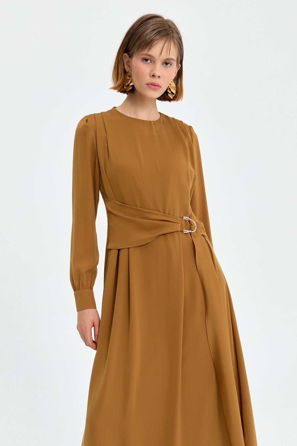 Kuşak Detaylı Elbise Camel - 7