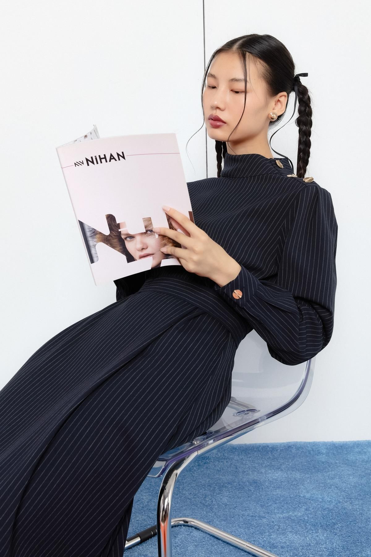 Nihan-Buttons Off the Shoulder Belted Striped Dress Navy Blue 2