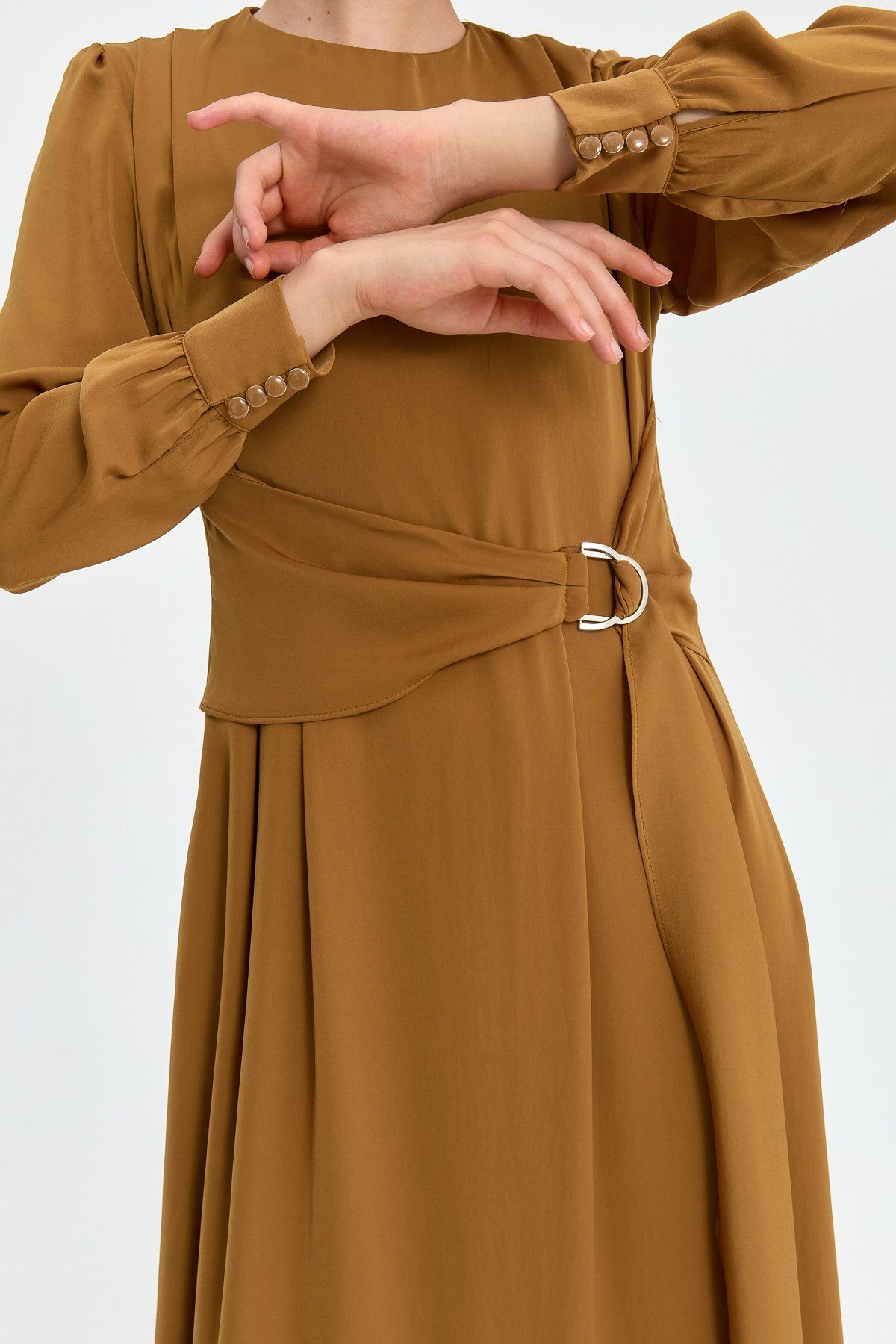 Kuşak Detaylı Elbise Camel - 5
