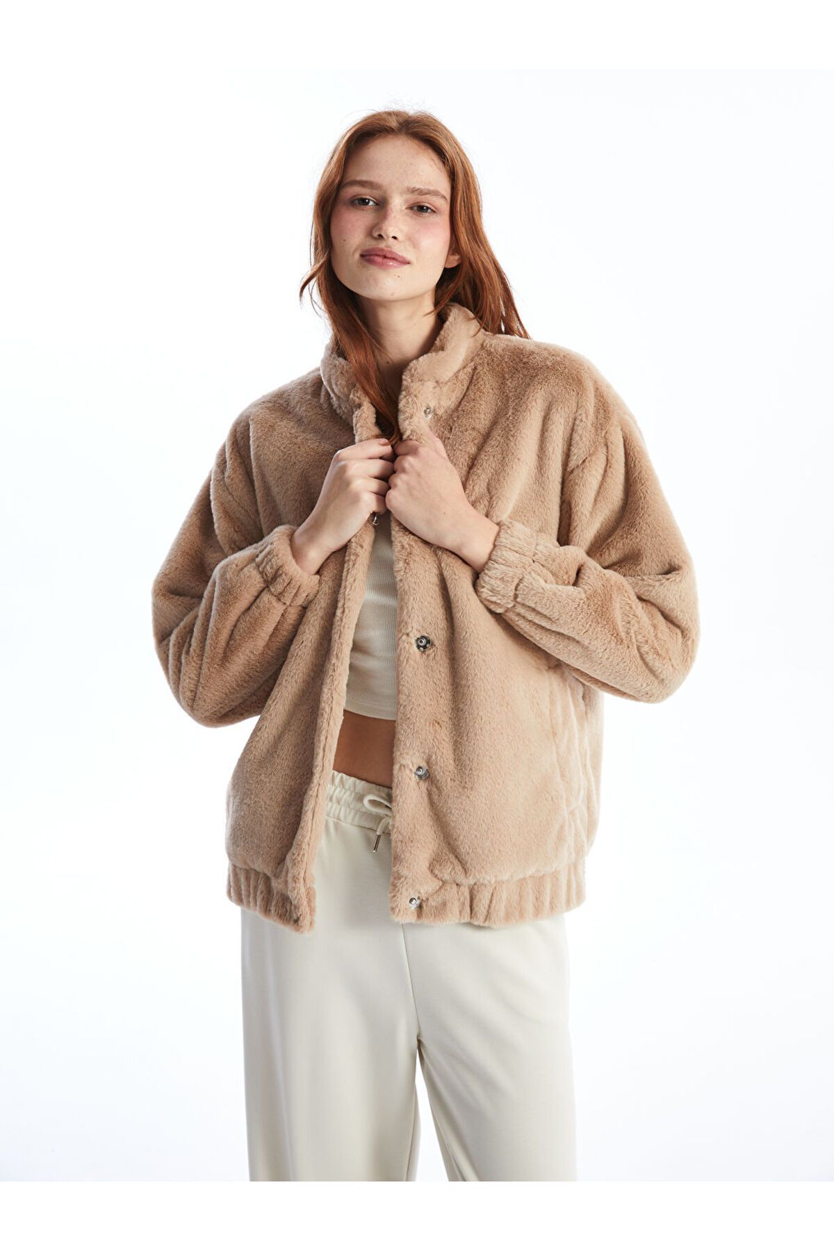 LC Waikiki-Xside Beige Stand Collar Plain Oversize Women's Plush Coat 1