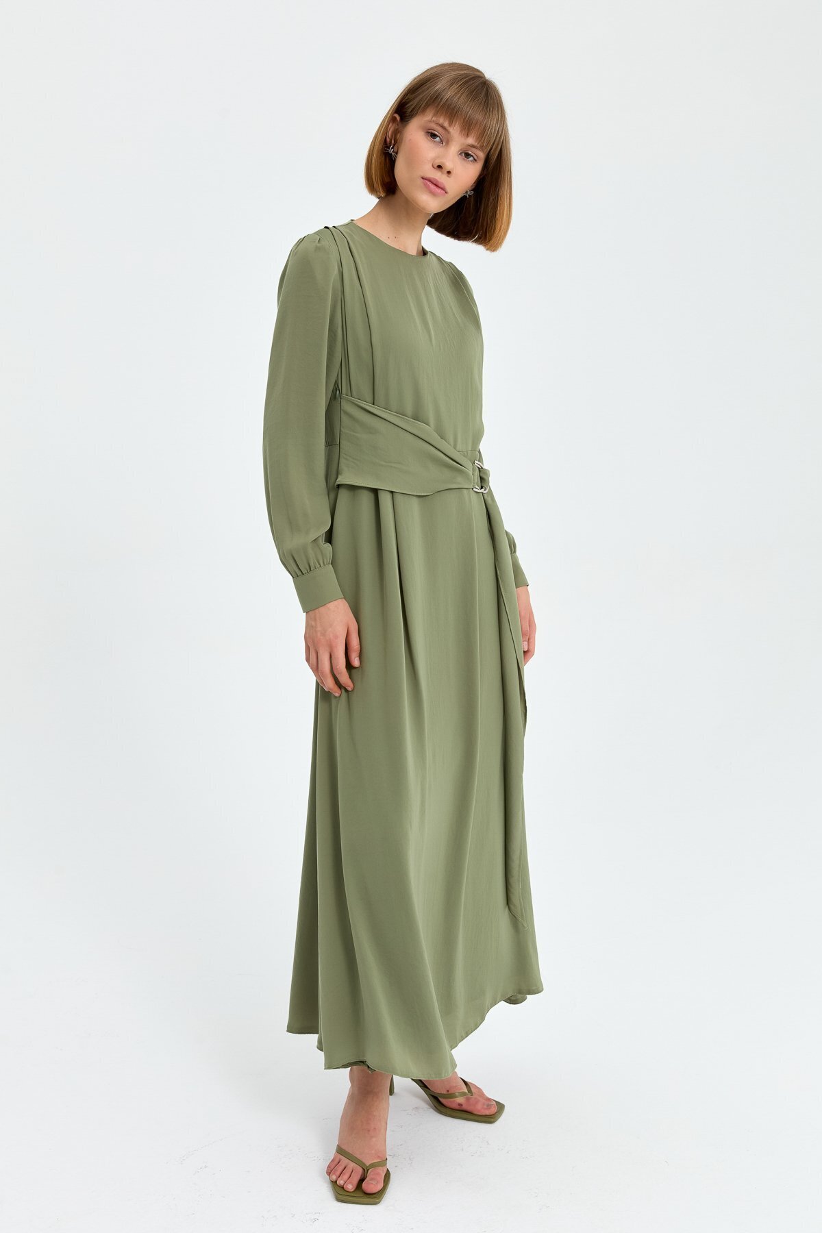 Nihan-Khaki Belt Detailed Dress 3