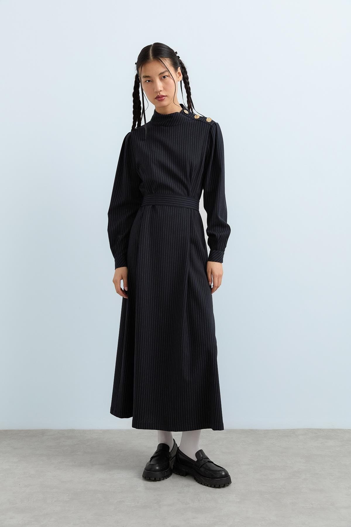 Nihan-Buttons Off the Shoulder Belted Striped Dress Navy Blue 3