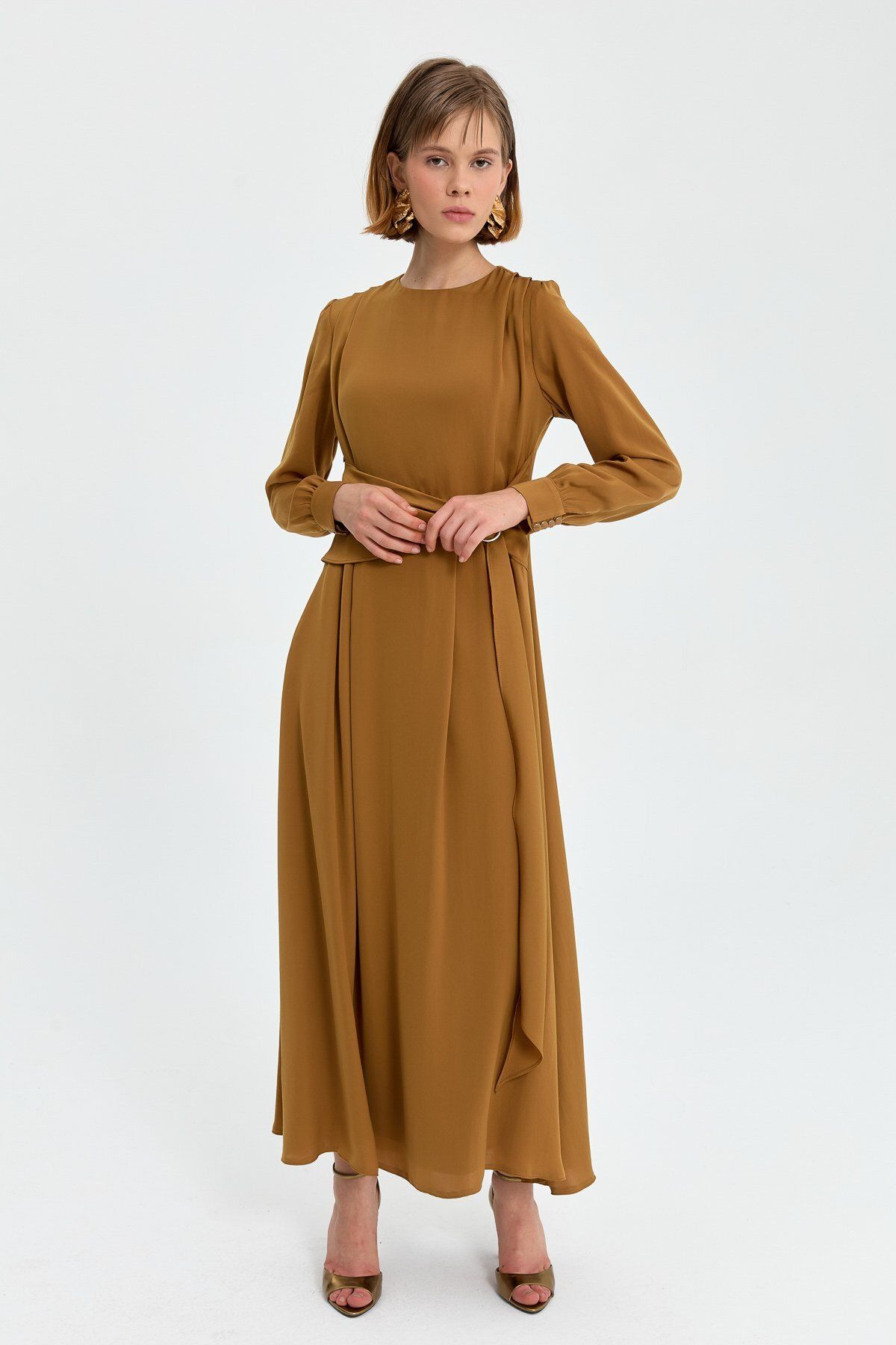 Kuşak Detaylı Elbise Camel - 3