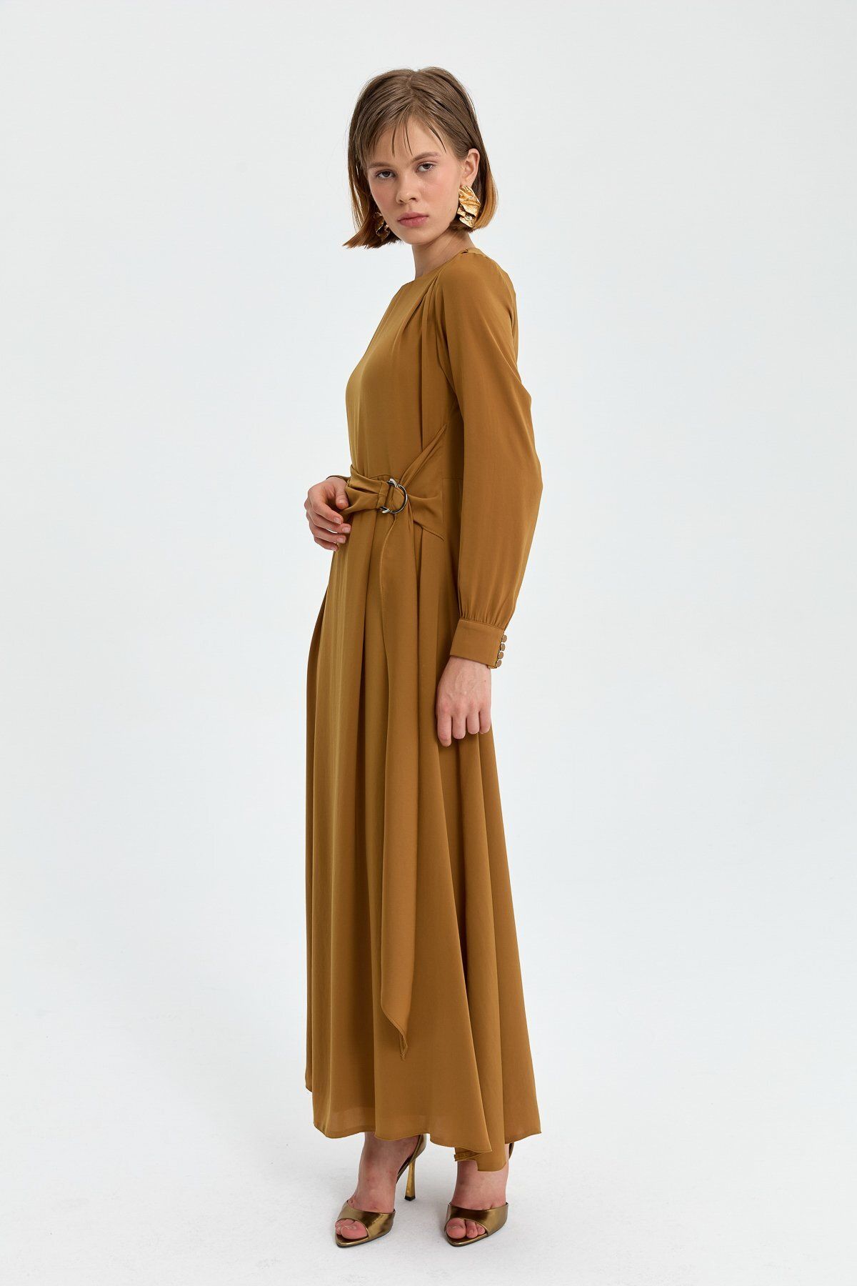 Kuşak Detaylı Elbise Camel - 4