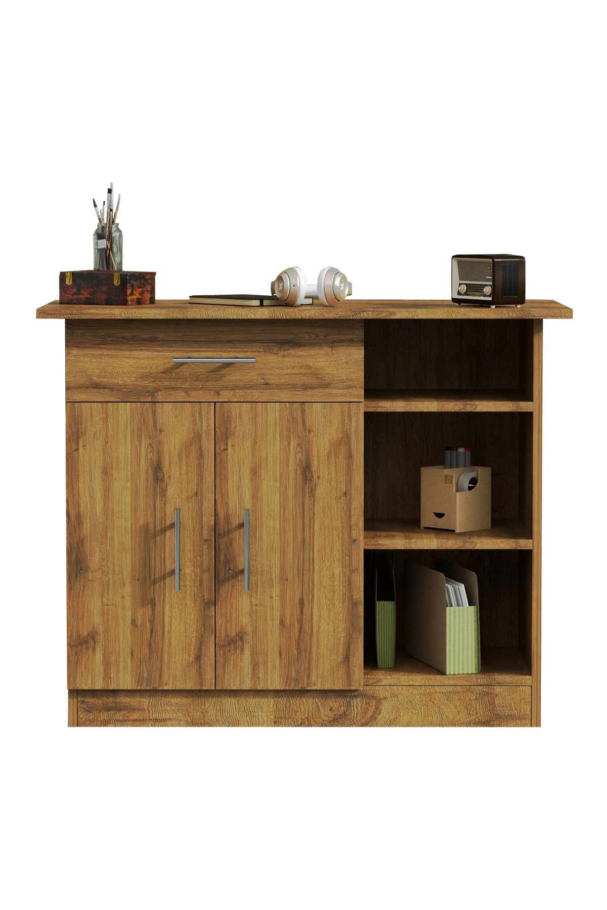 Mahmayi-Cabinet with Single Drawer, 2 Door Storage and 3 Open Shelf-Cognac Brown Sherman Oak 1