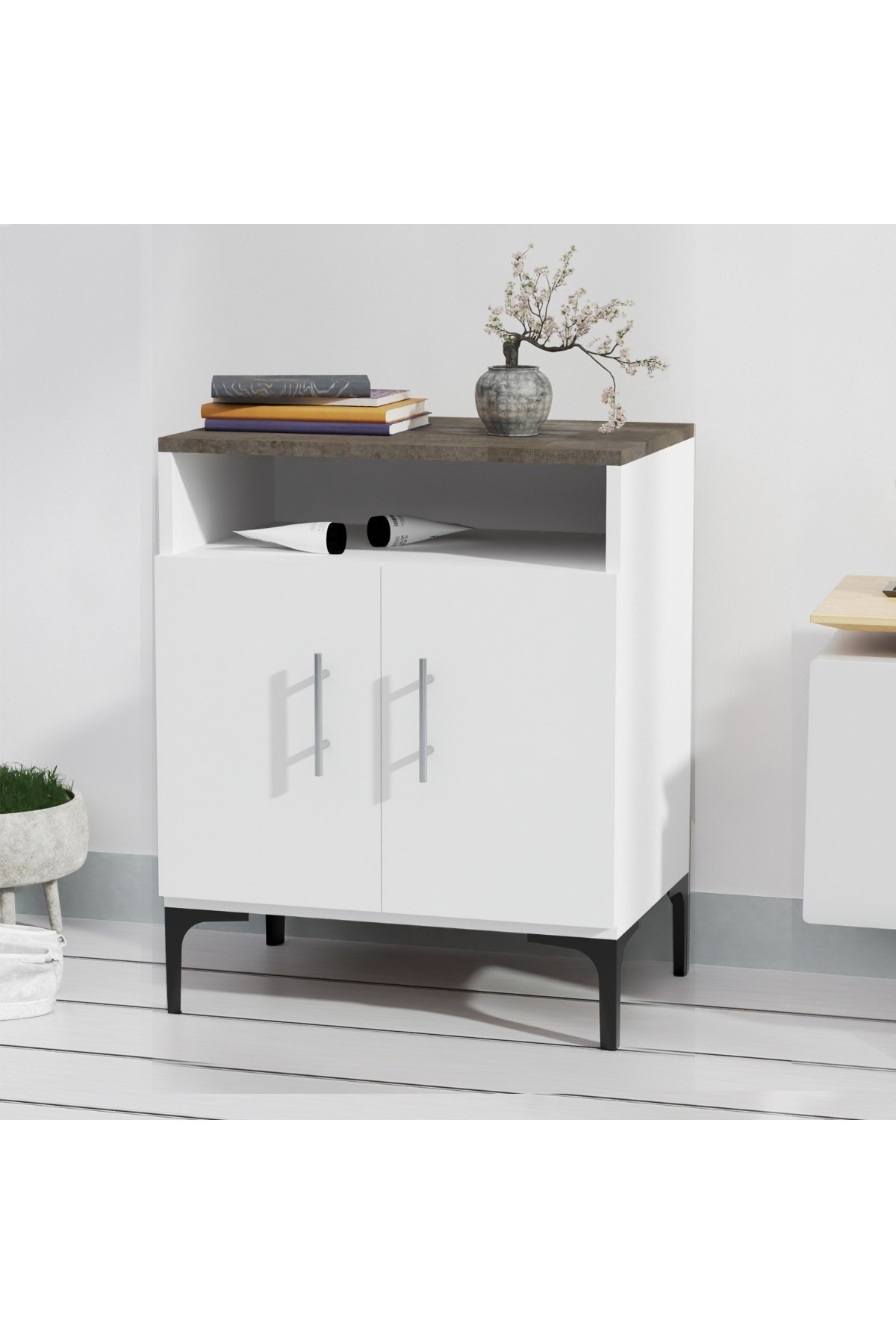 Mahmayi-Cabinet with 2 Door Storage and Single Open Shelf-Dark Grey Chicago Concrete and White 3