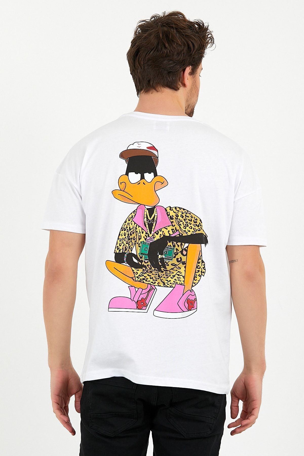 ELNOYA Unisex Oversize - Duck Hunt Baskılı Beyaz T-Shirt - Trendy Hip Hop Stil