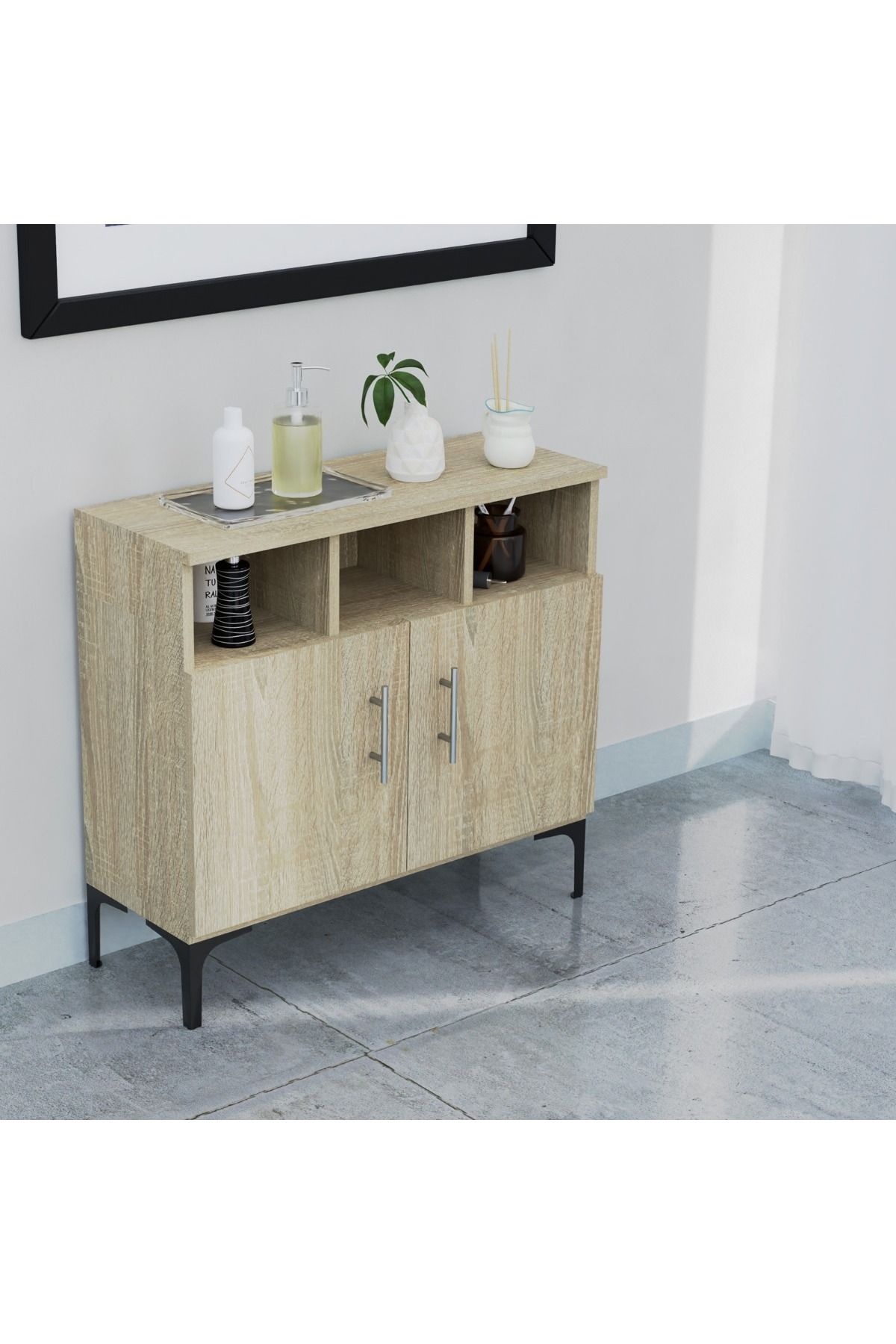 Mahmayi-Medium Height Cabinet with 2 Door Storage and 3 Open Shelf-Grey Bardolino Oak 5