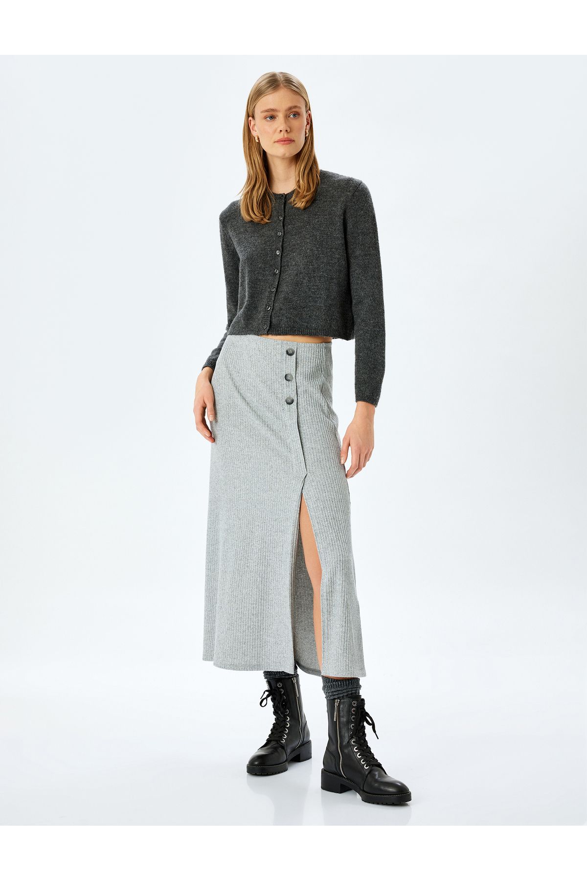 Koton-A-Line Midi Skirt with Button Detail and Slit 2