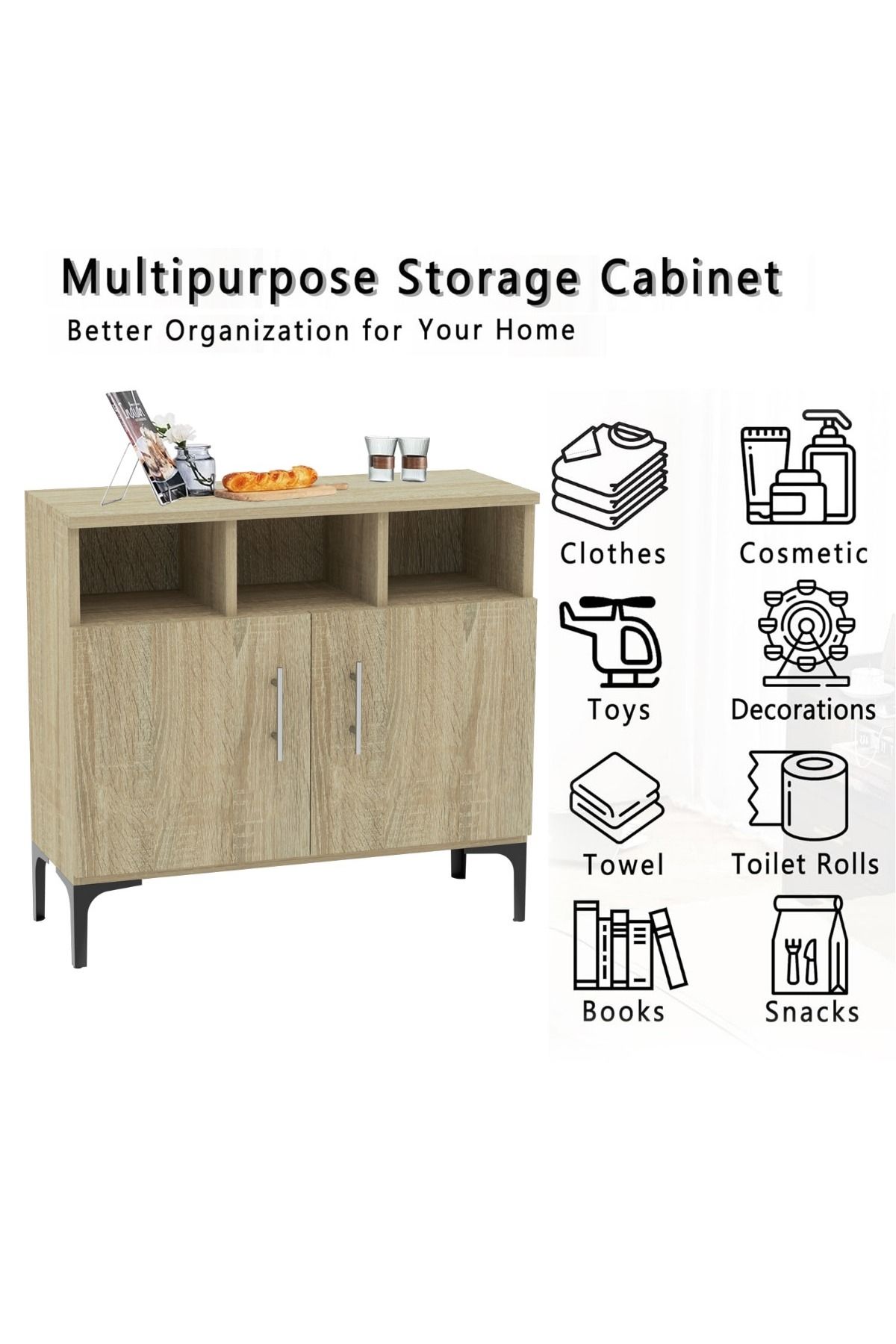 Mahmayi-Medium Height Cabinet with 2 Door Storage and 3 Open Shelf-Grey Bardolino Oak 4