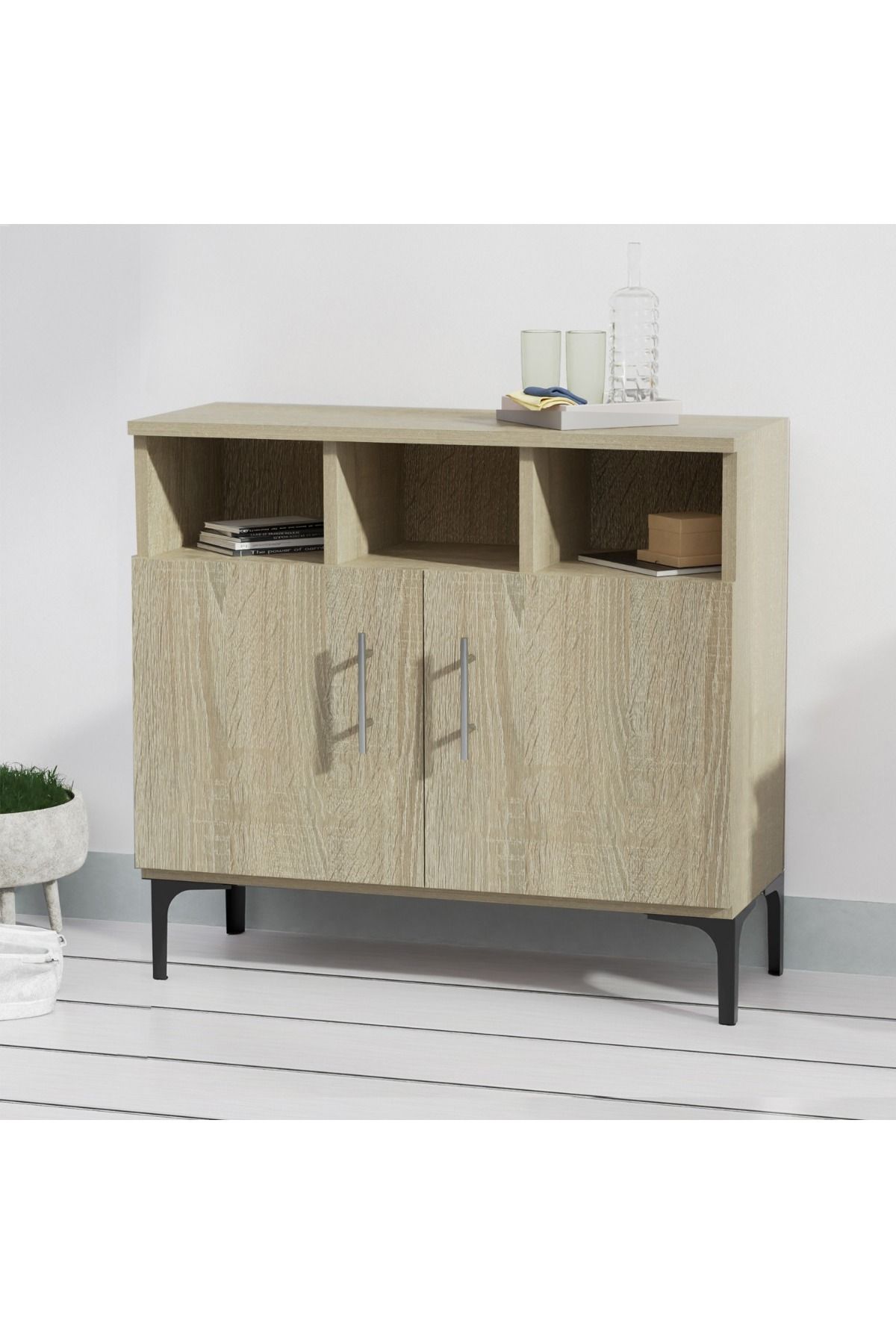 Mahmayi-Medium Height Cabinet with 2 Door Storage and 3 Open Shelf-Grey Bardolino Oak 3