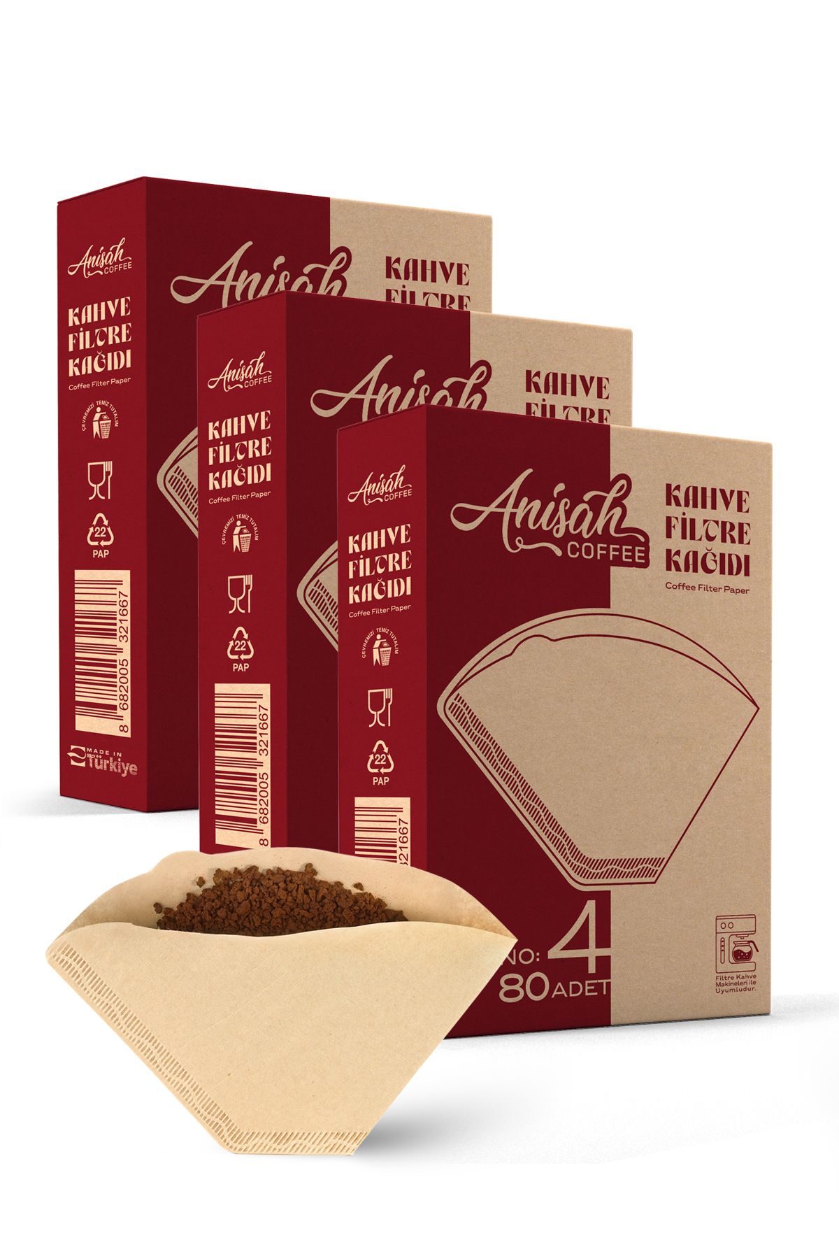 Anisah Coffee 3'lü Filtre Kahve Kağıdı 4 Numara (3x80 Adet) | Kokusuz | Kimyasalsız | Doğa Dostu | Yırtılmaz