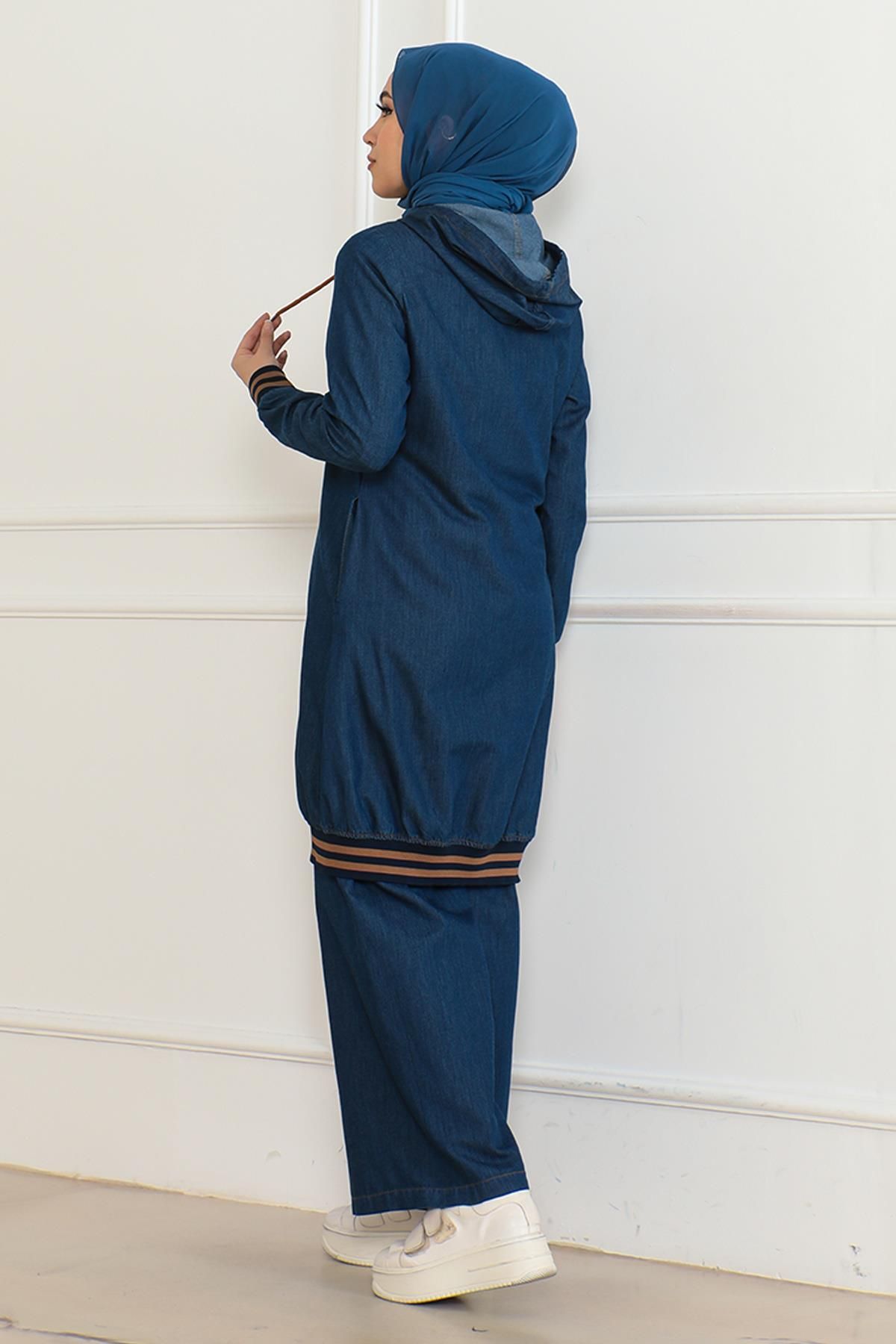 Modamihram-Dark Blue Zippered Jeans Set - Ribbed 19363 4