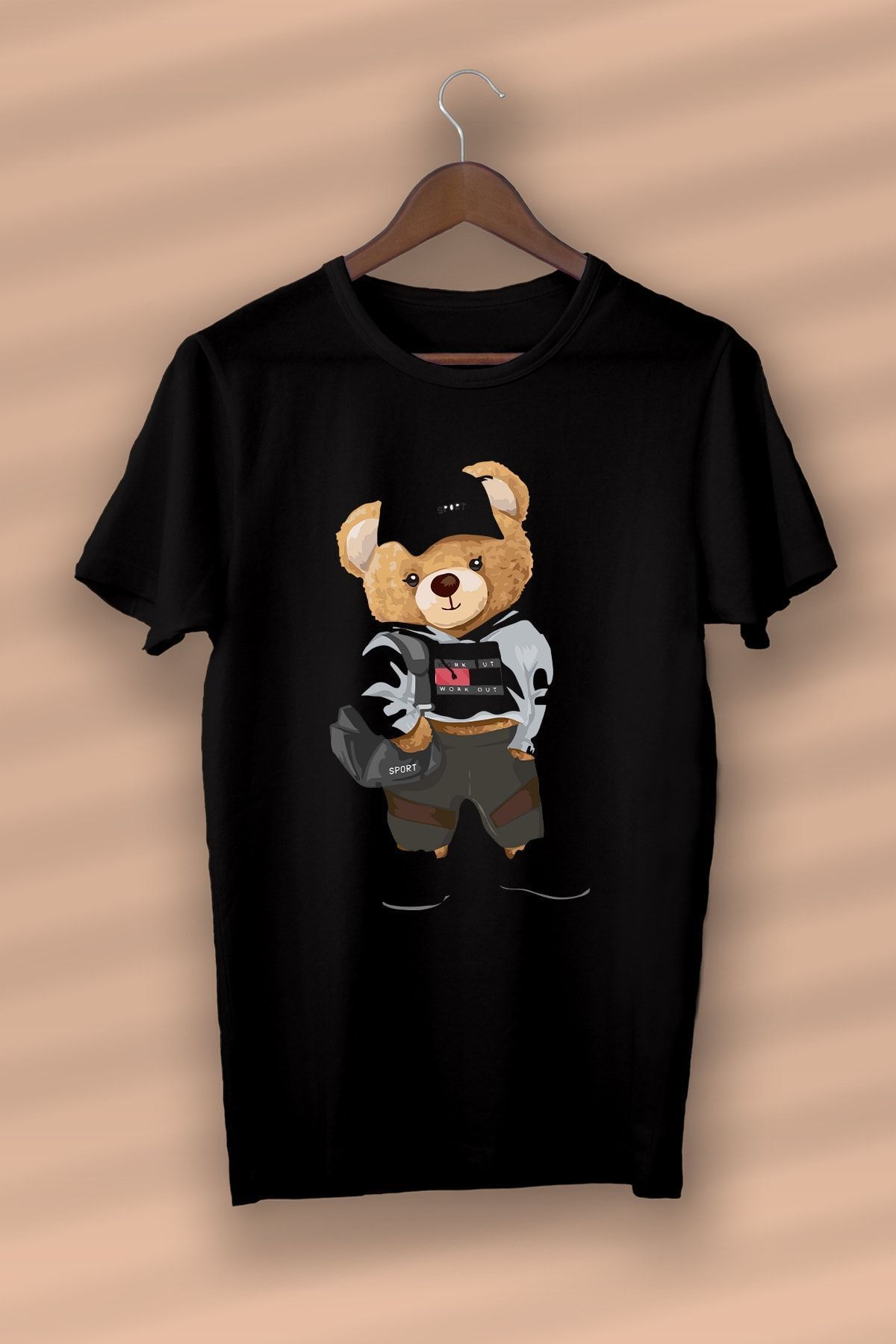 ELNOYA Teddy Bear - Sport Cool Baskılı Organik Pamuk Siyah Unisex T-shirt