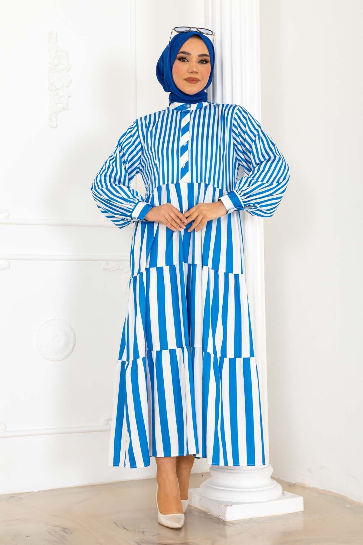 benguen-Blue Striped Satin Dress - 2114 5