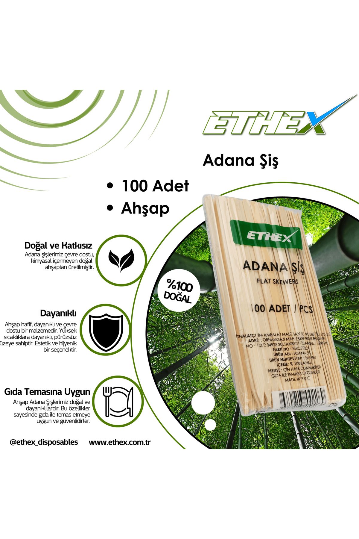 Ethex Adana Şiş - (100 ADET, 5 PAKET, TOPLAM 500 ADET)