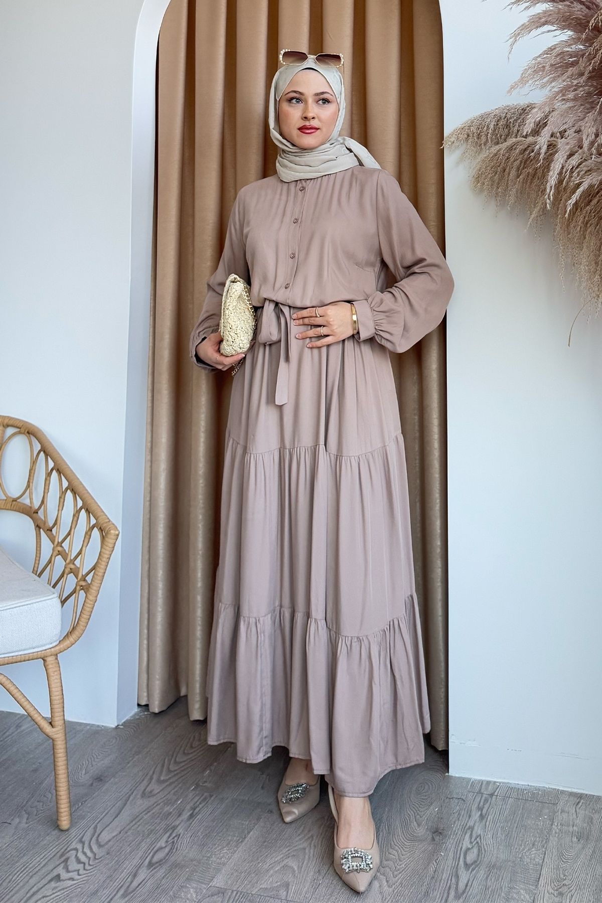InStyle Kuşaklı Belmando Sütlü Kahve Elbise