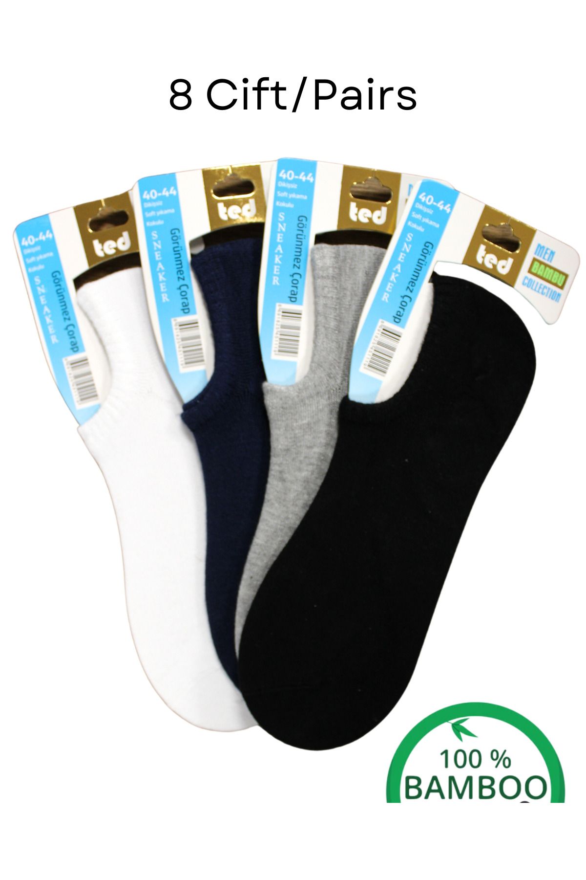 socksbox-8 perechi cutie, fără sudură, 100% bambus, șosete invizibile/cauciuc care nu se stoarce/negru-albastru marin-gri-alb 1