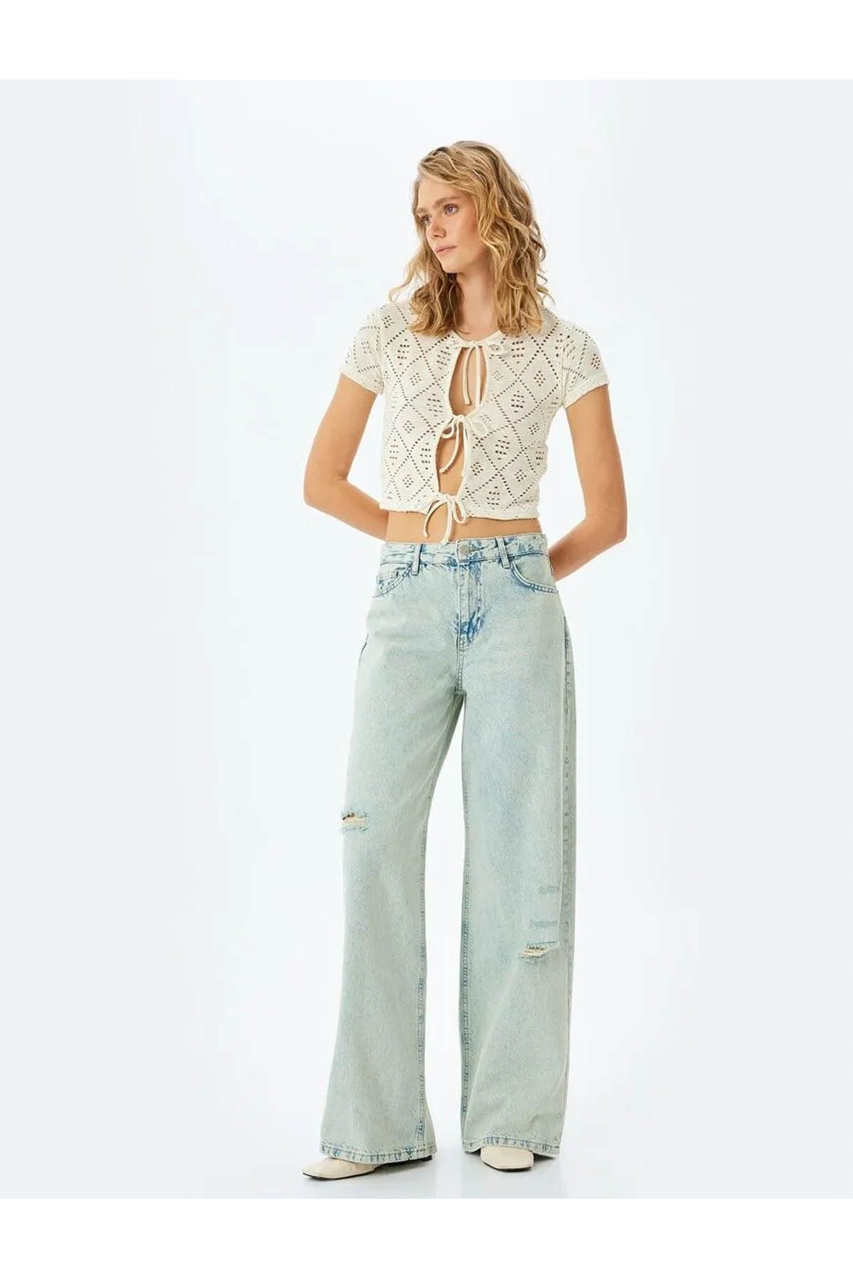 شلوار جین زنانه گشاد راست فیت Jean-Distressed جزییات آبی یخی زنانه جین 5sal40008md