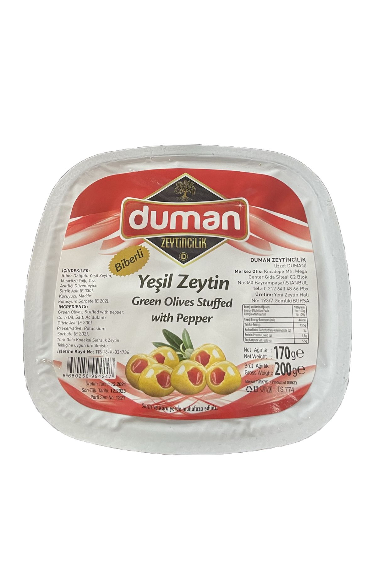 DUMAN GURME Birinci Kalite Kahvaltılık Biberli Yeşil Zeytin 200 GR