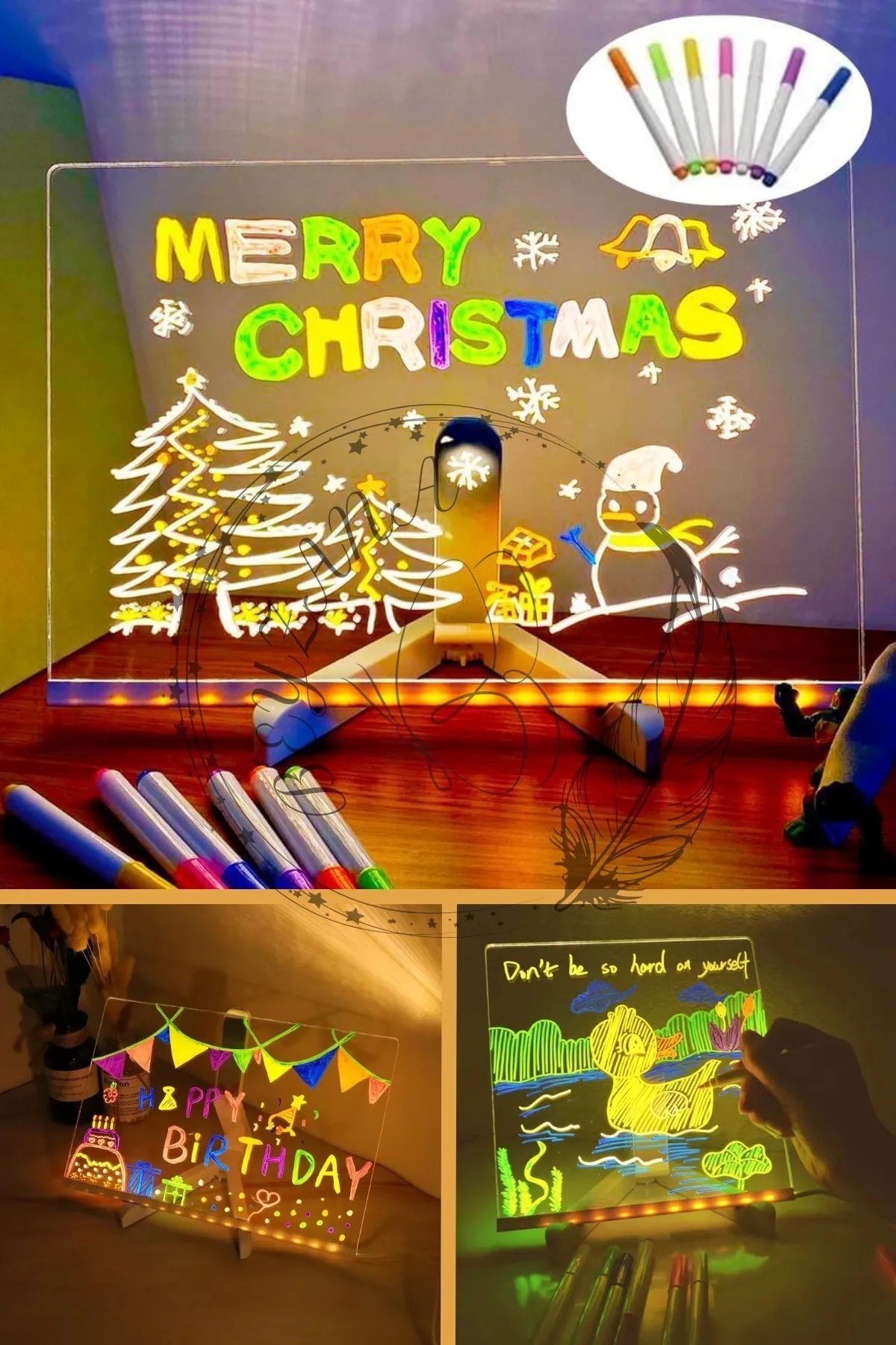 BEYZANA Yeni Nesil Led Işıklı Yazı Çizim Tahtası Ayarlanabilir Stant Ve 7 Kalem