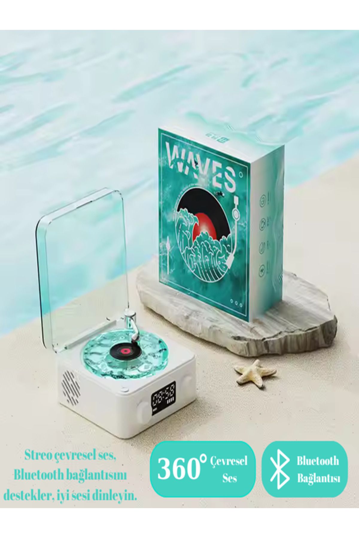 Kentucky Waves Nostalji Plak Çalar Bluetooth Subwoofer 3D Ses Dalgası Retro Müzik Plak Çalar Beyaz