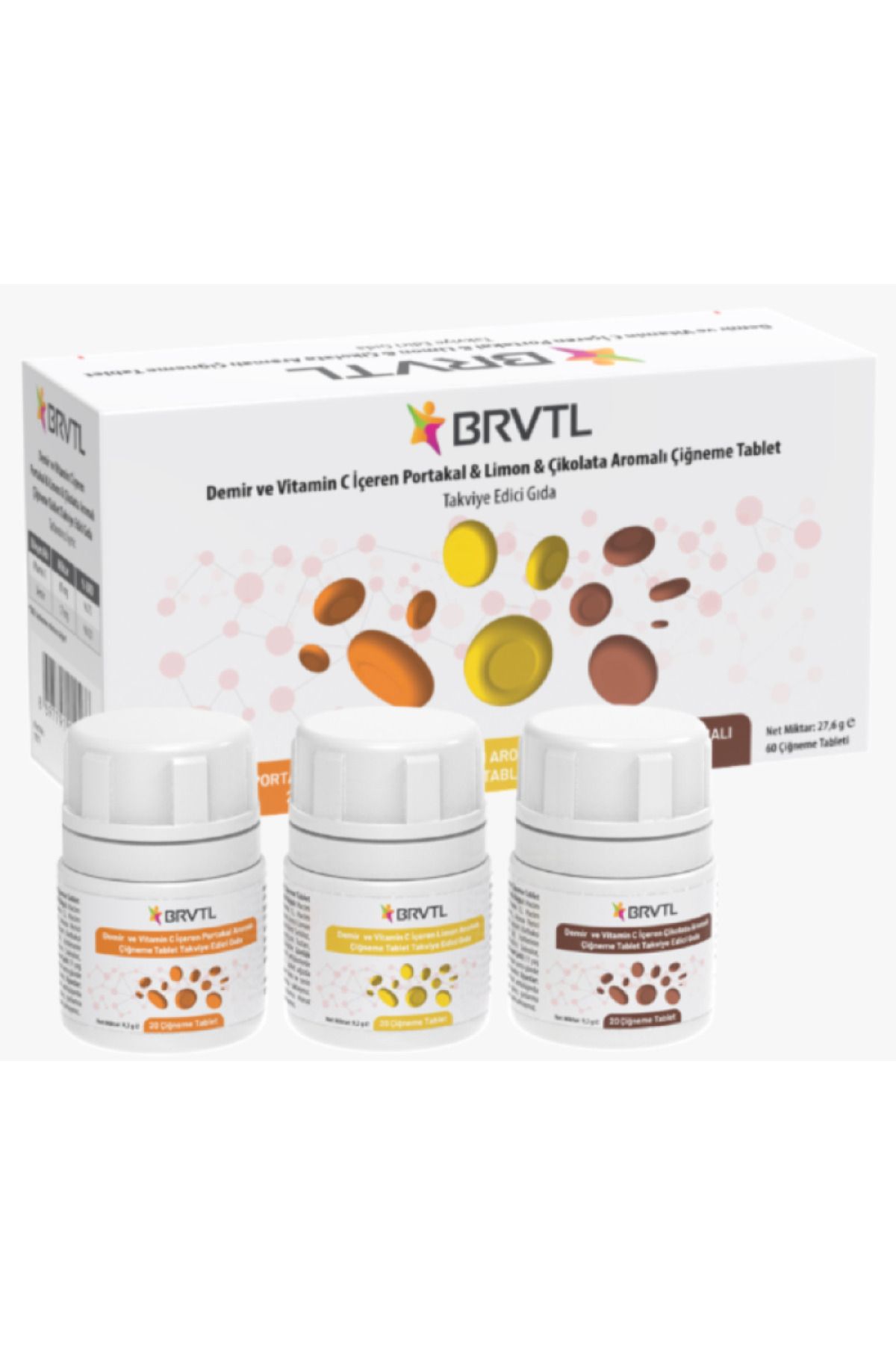 BRVTL Lipozomal Demir + Vitamin C 60 Çiğneme Tablet (Çikolata, Limon ve Portakal Aromalı)