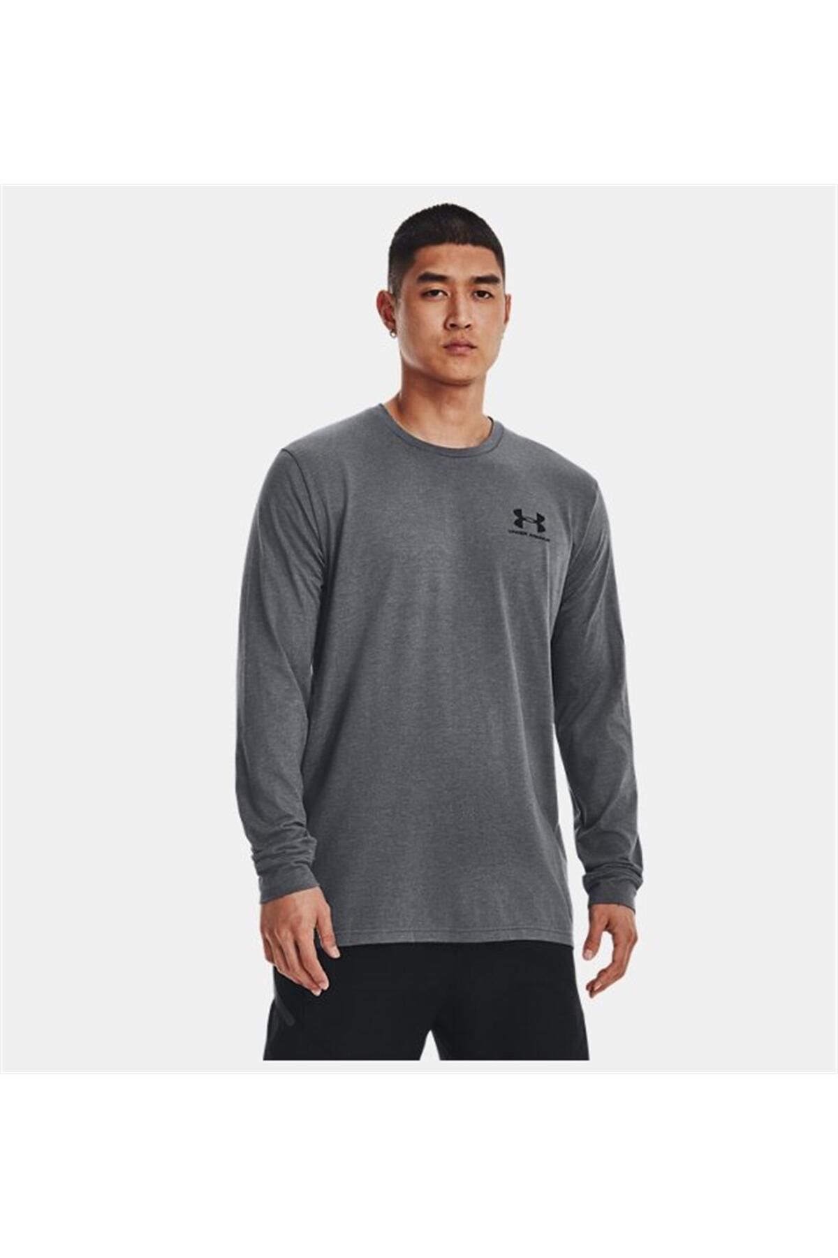 تی شرت ورزشی خاکستری مردانه و زنانه UA ورزشیtyle در سمت چپ قفسه سینه آستین بلند 1329585 012 Under Armour