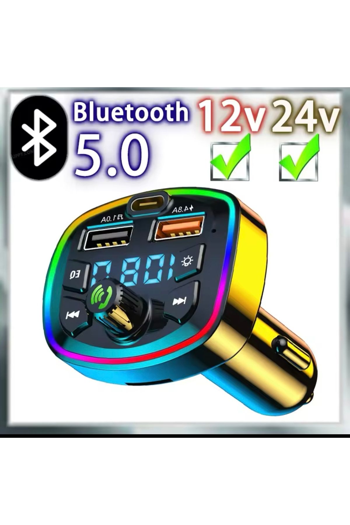 TOKQI Araç Bluetooth 5.0 Fm Transmitter Cihazi Araba Müzik Mp3 Çalar SD Kart Okur Oto Çakmaklik Sarj Aleti