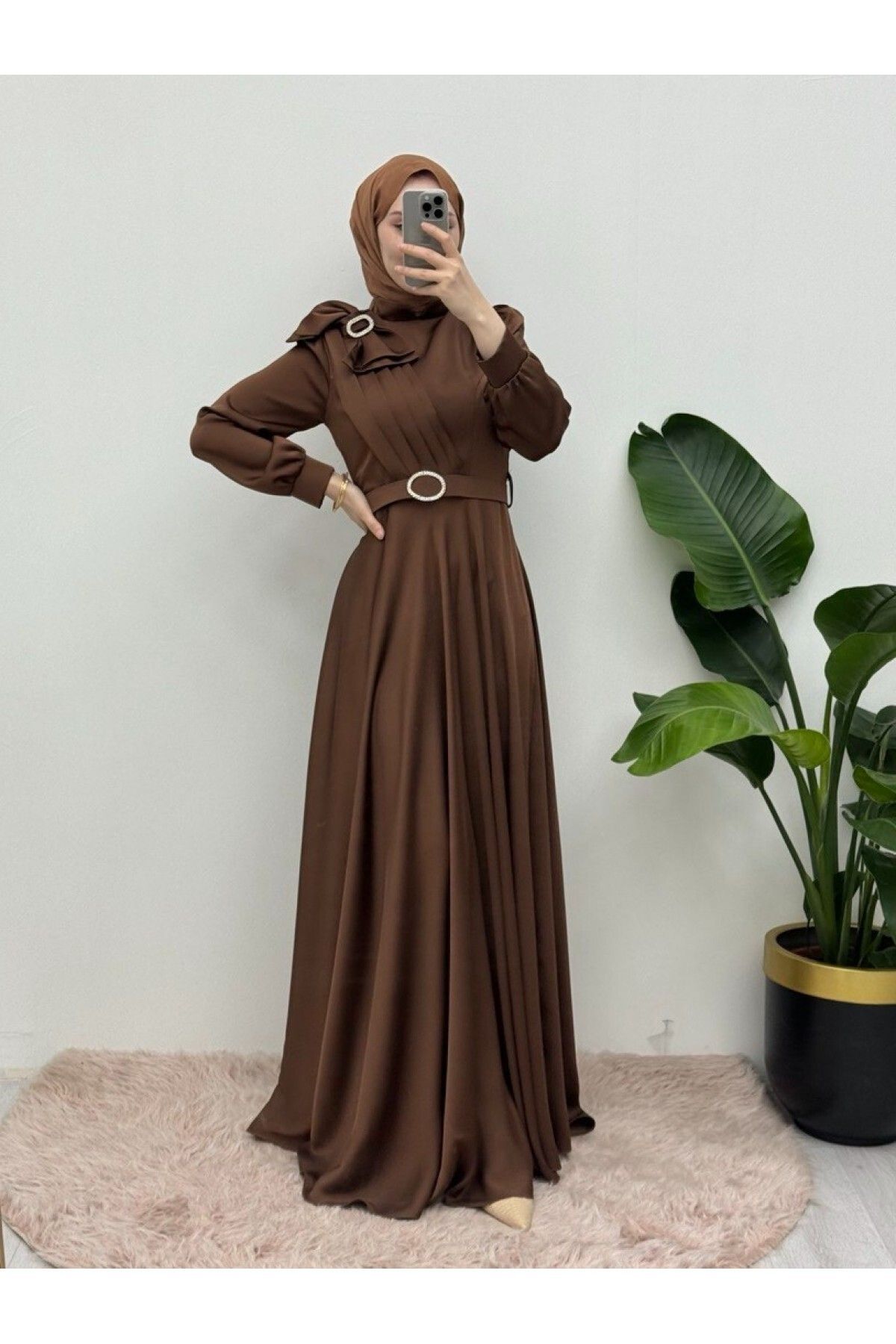 Modamorfo-Satin Evening Dress with Brooch and Bow and Stone Belt -Brown 6