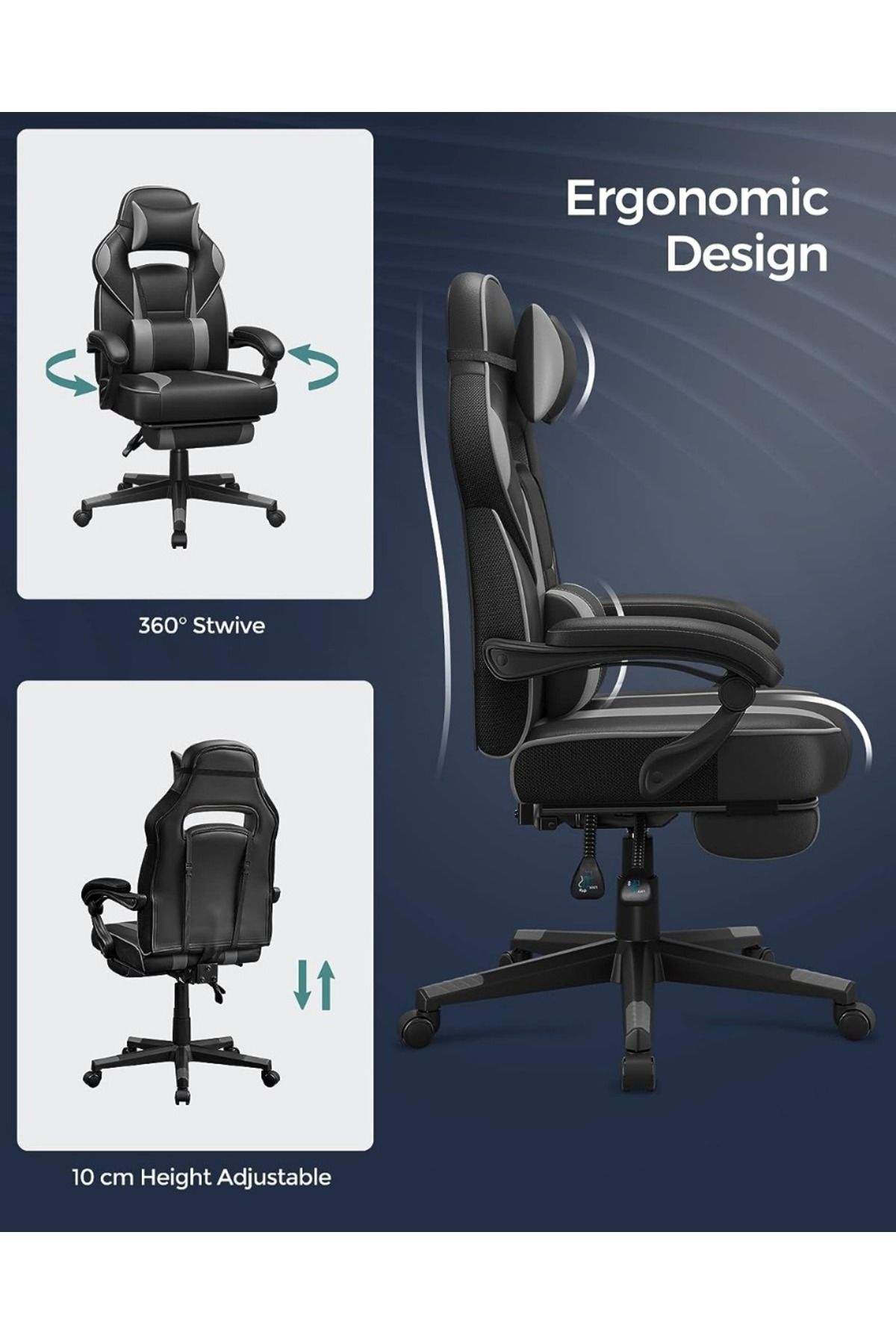 Mahmayi-Songmics Black And Grey Stylish Gaming Chairs For Playstation, Office, Gaming Station, Home 6