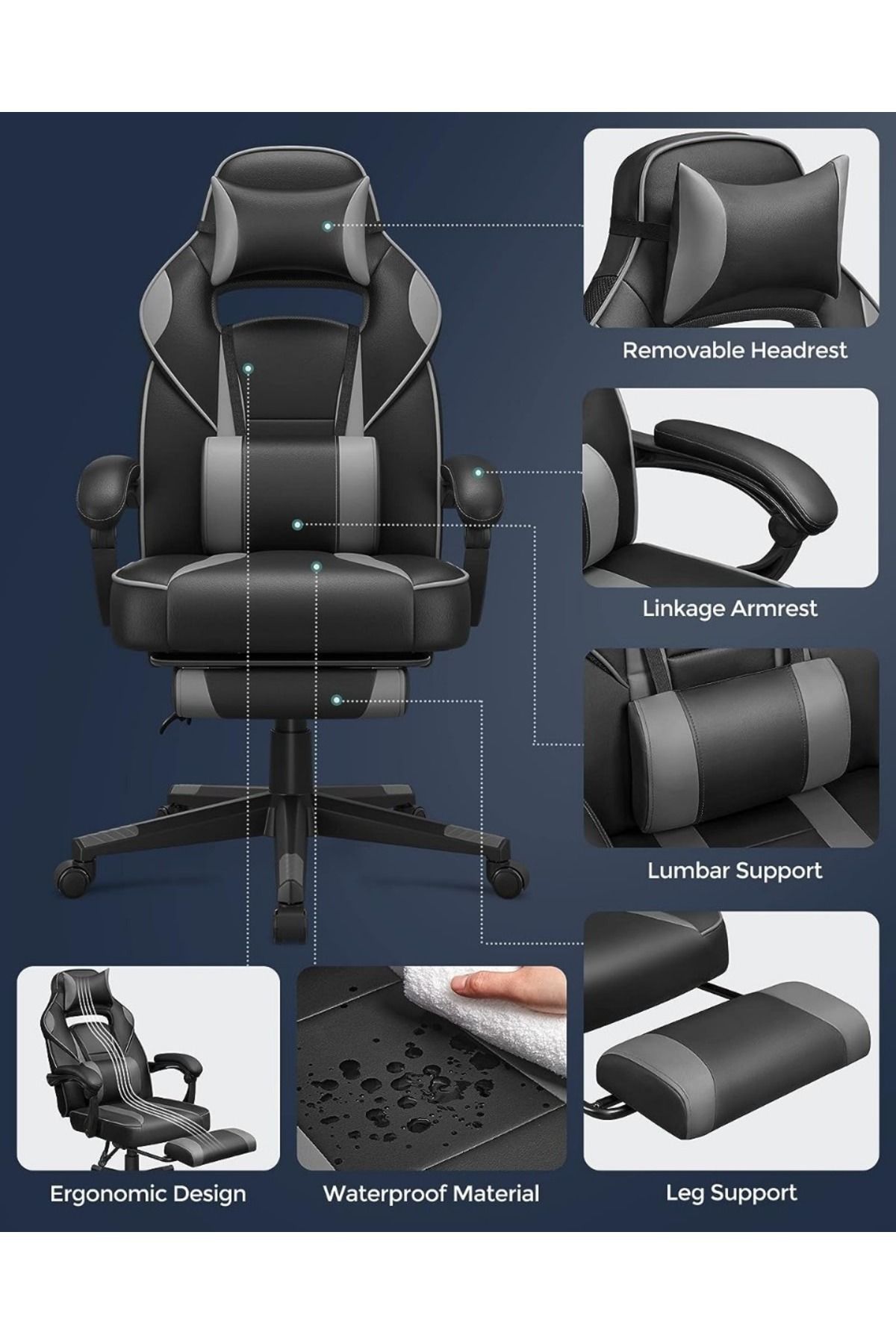 Mahmayi-Songmics Black And Grey Stylish Gaming Chairs For Playstation, Office, Gaming Station, Home 3