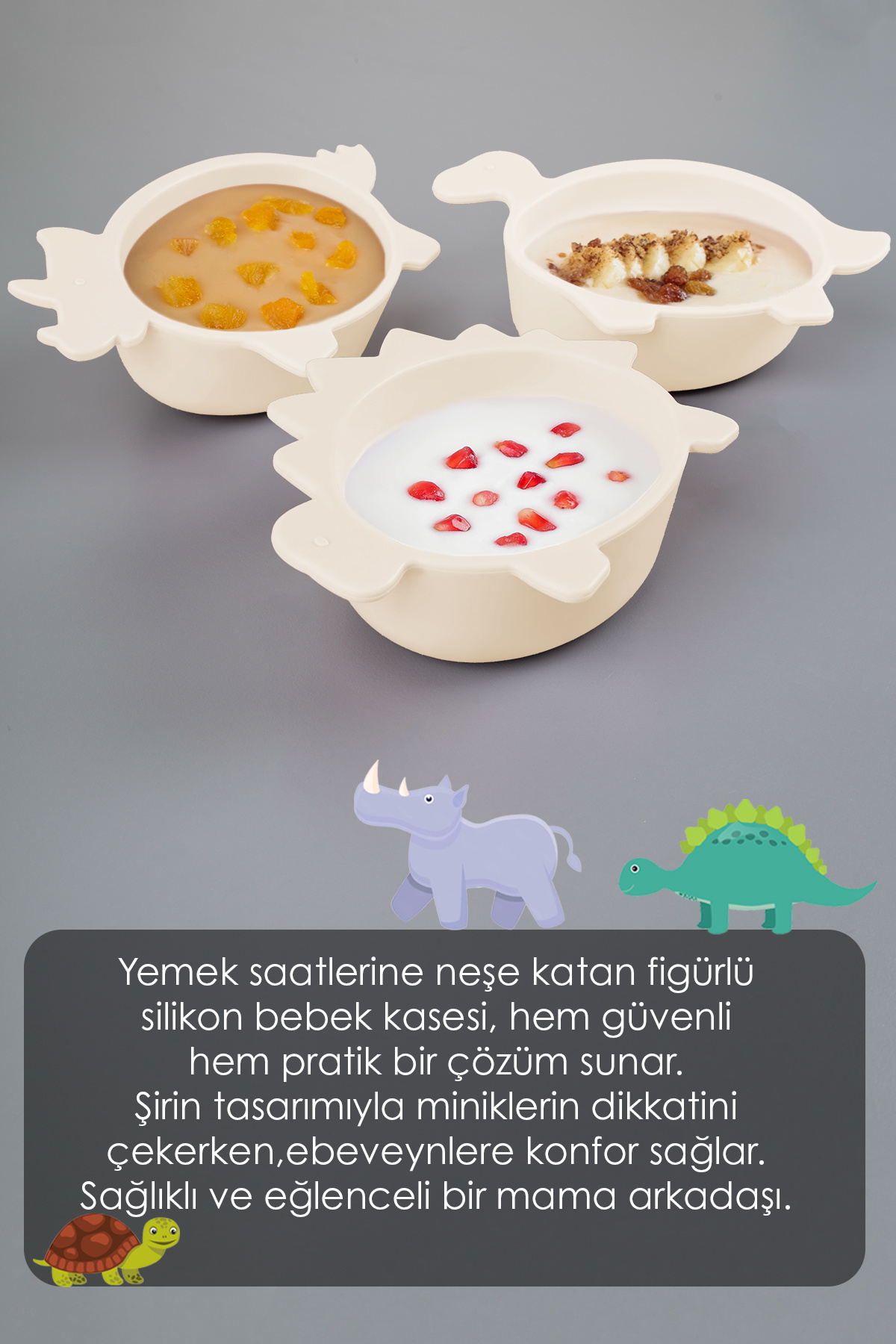 Meleni Baby 3'lü Hayvan Figürlü Silikon Bebek Mama Kasesi Seti - Şekilli Bebek Beslenme Kasesi Bej fotoğrafı 2 (önizleme)