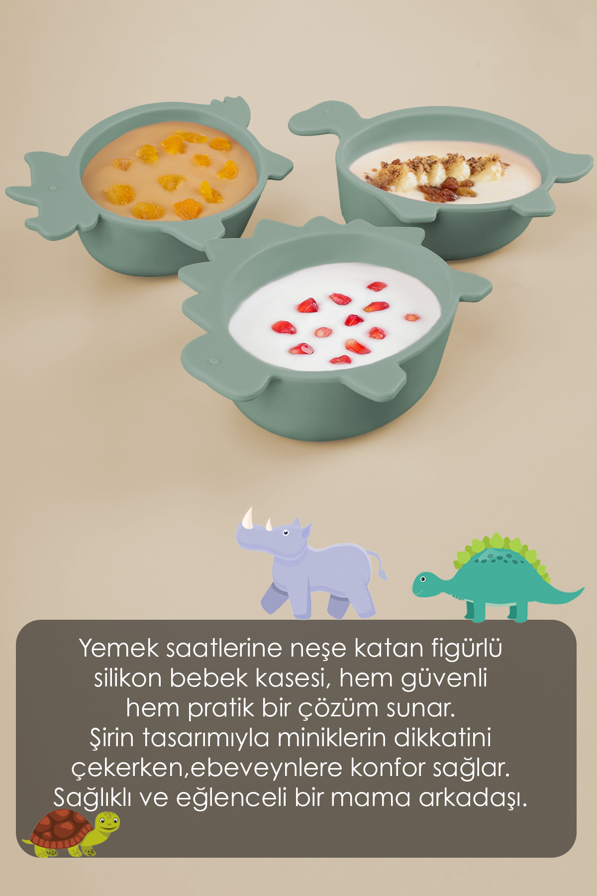 Meleni Baby Dinozor Figürlü Silikon Bebek Mama Kasesi - Şekilli Bebek Beslenme Kasesi - Yeşil fotoğrafı 3 (önizleme)