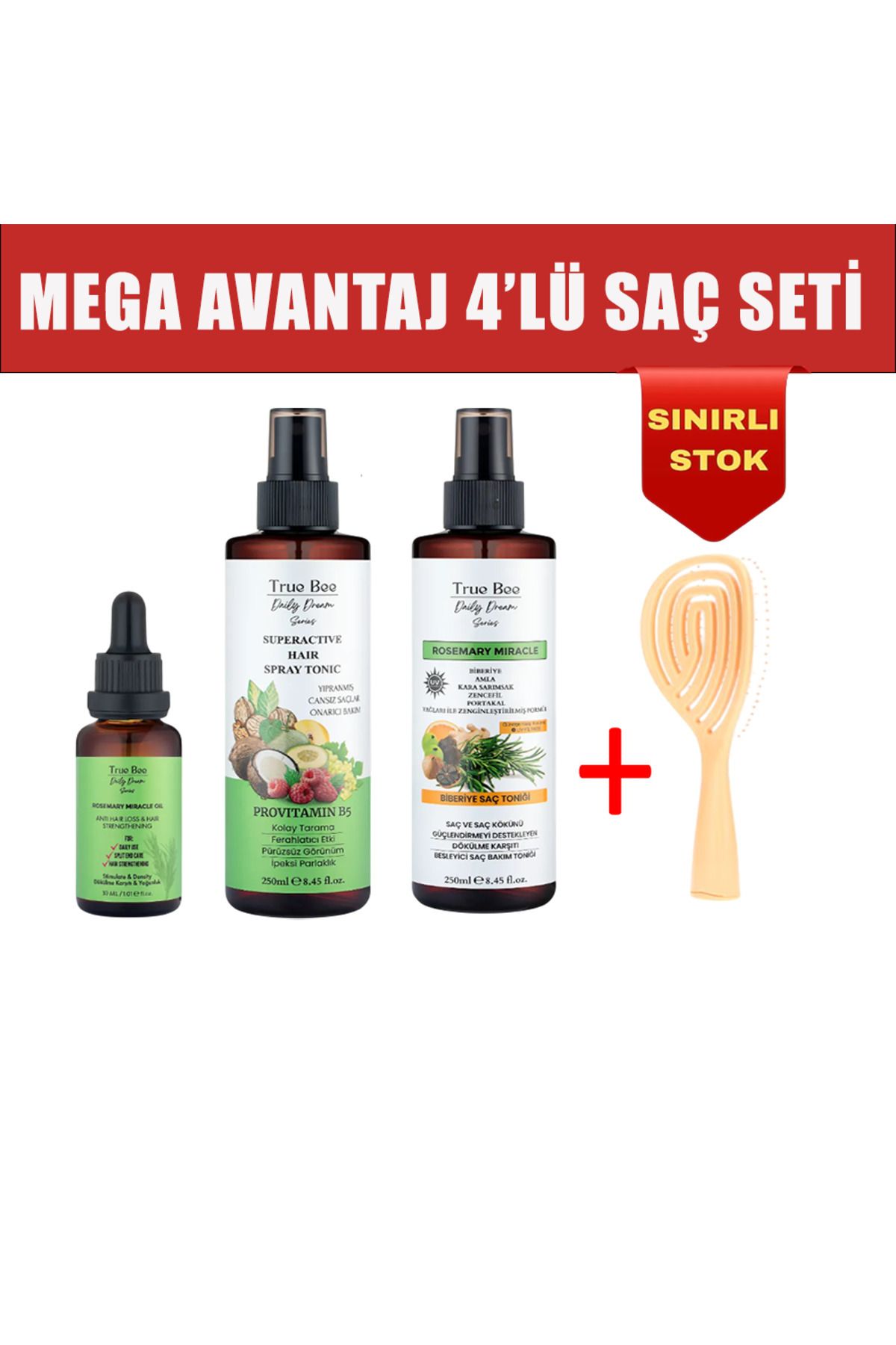 True Bee Avantaj Güçlü 4’lü Mucizevi Saç Bakım Seti (TONİK SERUM TARAK)