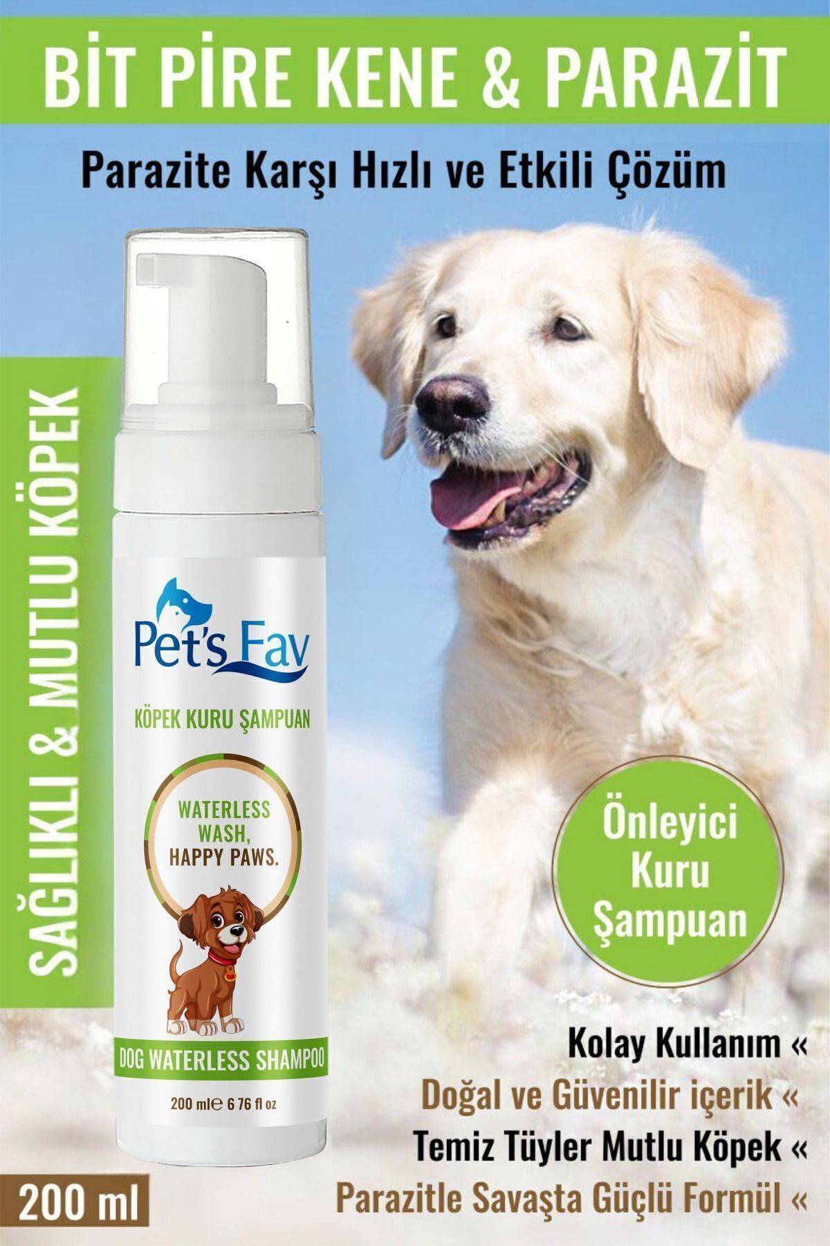 Pets Fav Köpek Bit Pire Kene ve Parazit Önleyici Kuru Köpük Şampuanı