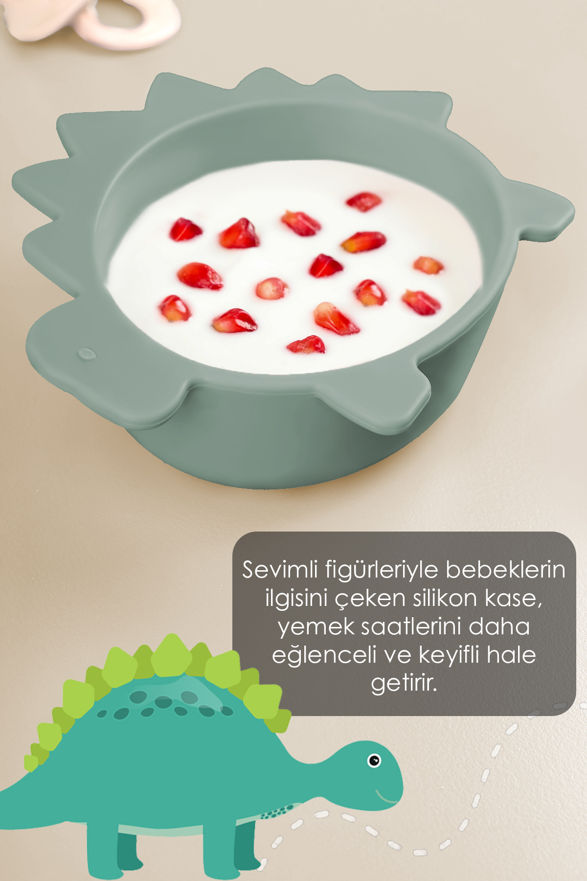 Meleni Baby Dinozor Figürlü Silikon Bebek Mama Kasesi - Şekilli Bebek Beslenme Kasesi - Yeşil fotoğrafı 2 (önizleme)