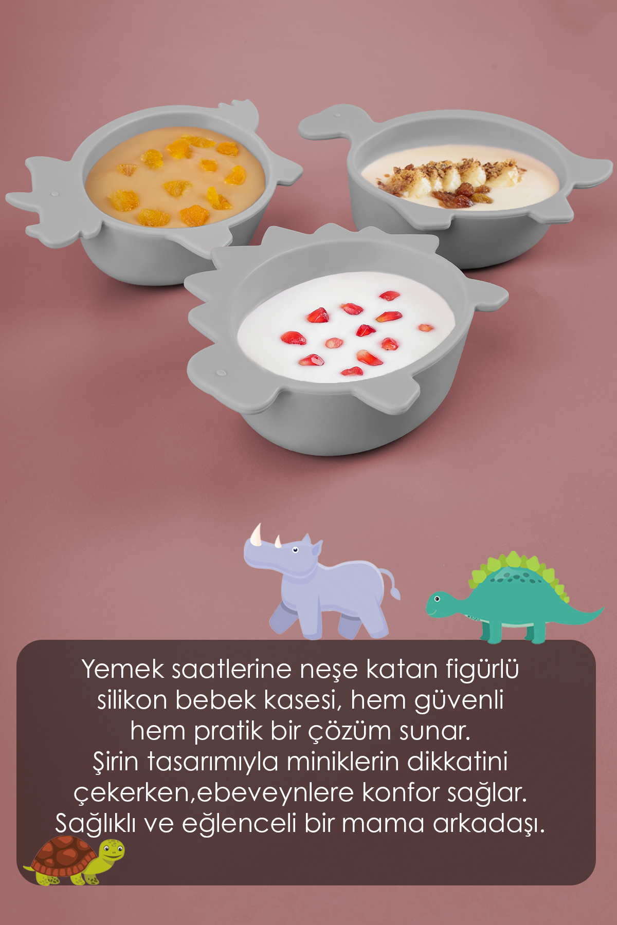 Meleni Baby 3'lü Hayvan Figürlü Silikon Bebek Mama Kasesi Seti - Şekilli Bebek Beslenme Kasesi Gri fotoğrafı 2 (önizleme)