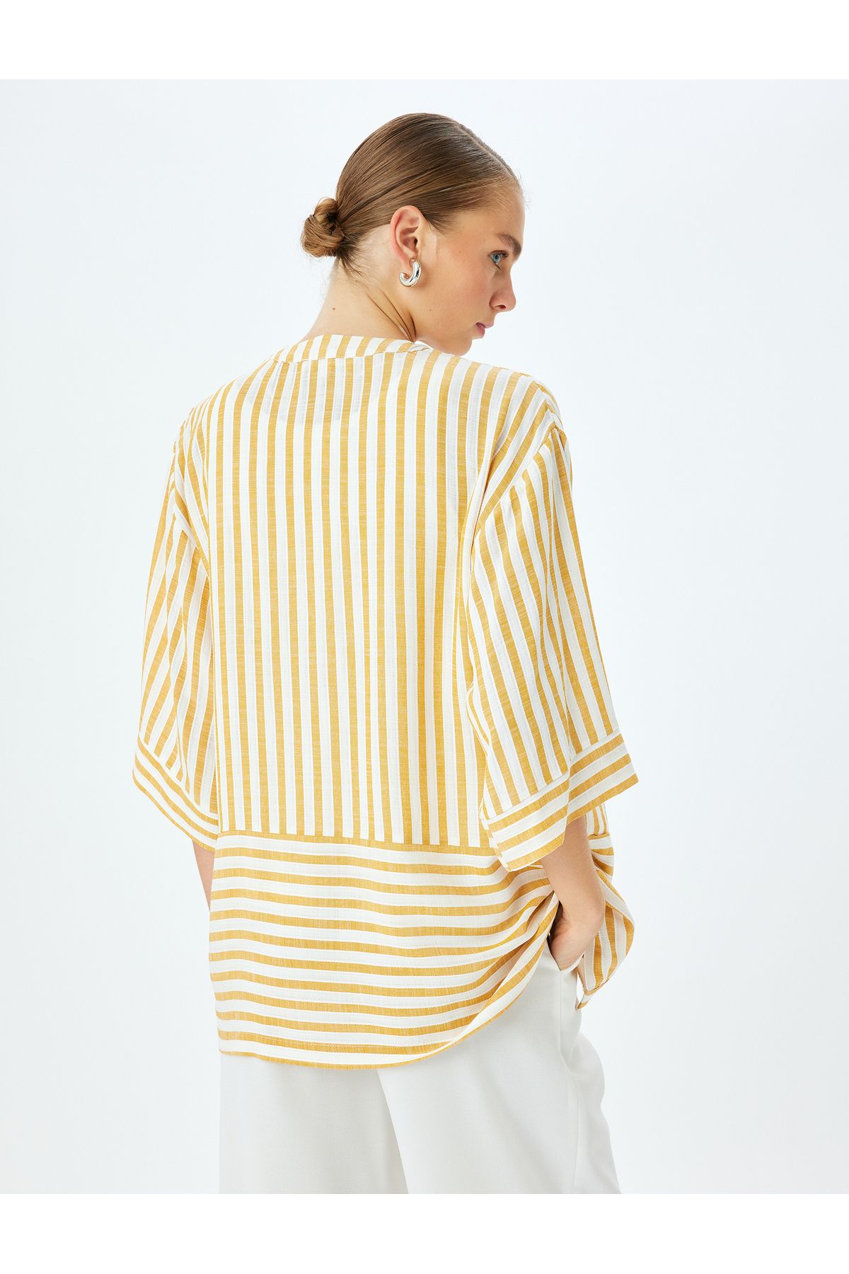 Koton-3/4 Wide Sleeve Pocket Striped Viscose Kimono 4