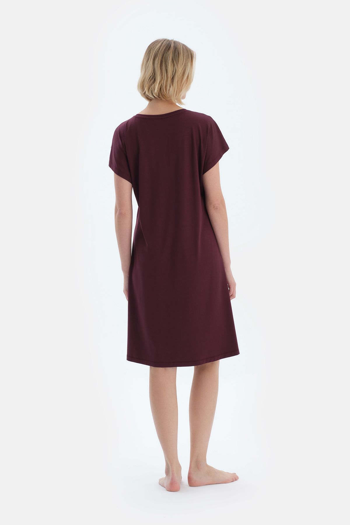 Dagi-Plum Lace Detailed Short Sleeve Viscose Nightgown 2