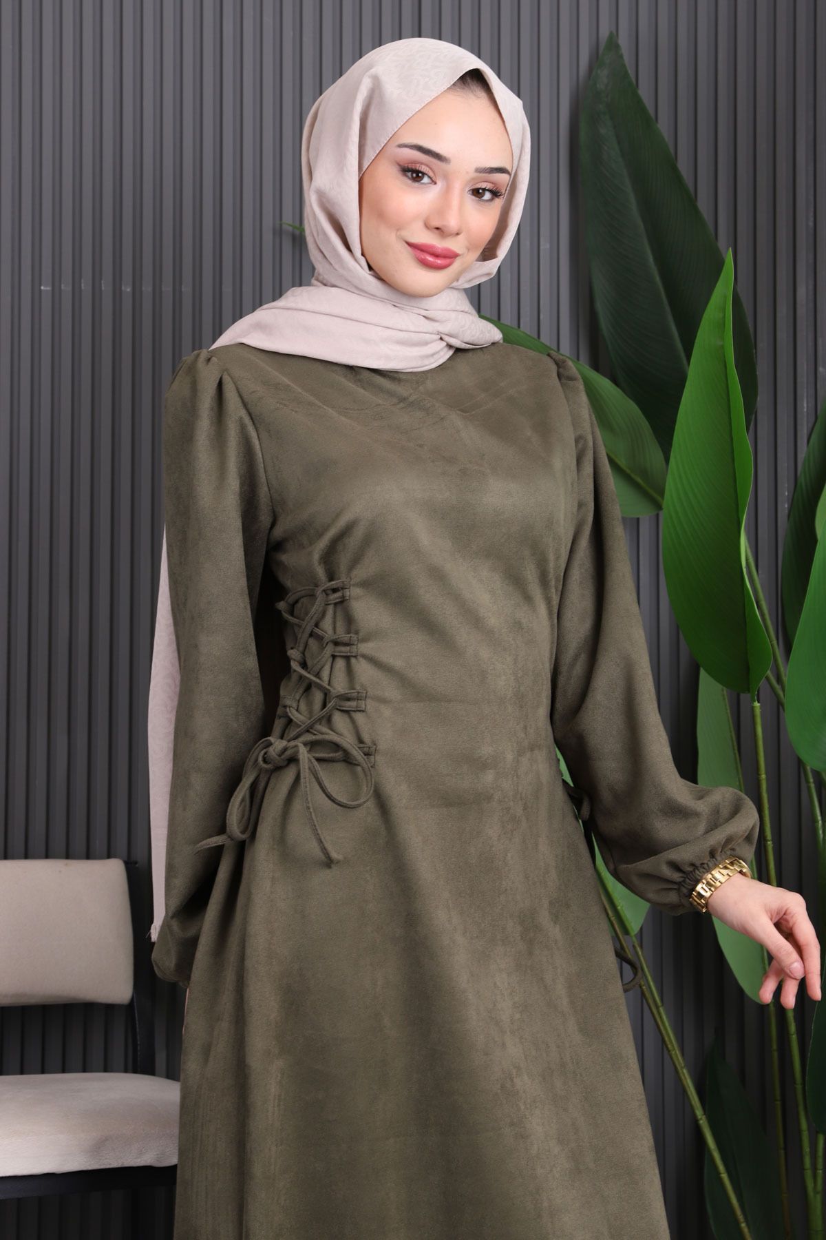 İmajButik-Khaki Side Tie Suede Dress 3