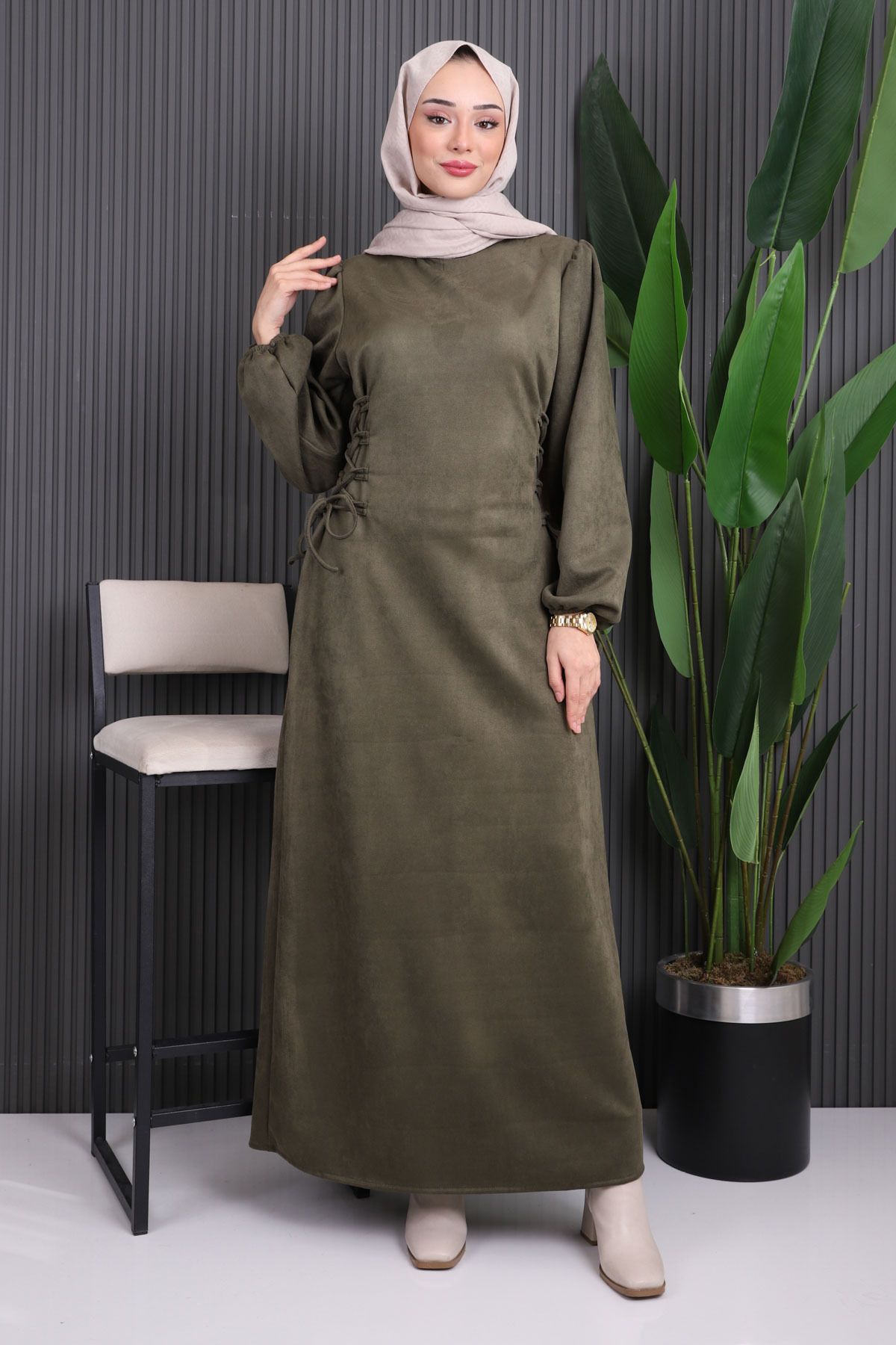 İmajButik-Khaki Side Tie Suede Dress 2