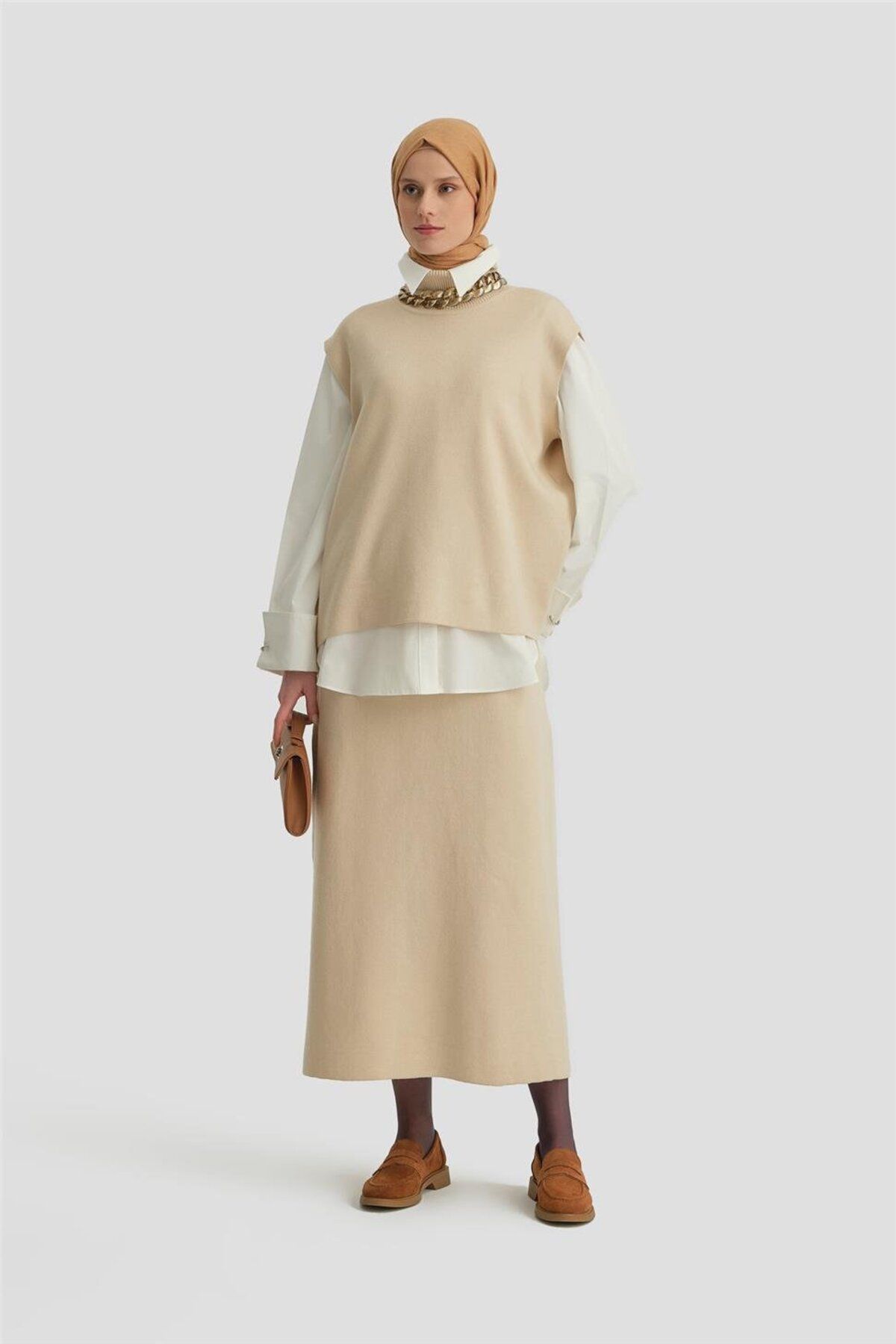 Armine-Beige Zero Sleeve Sweater and Skirt Set - 24Kd4220 2