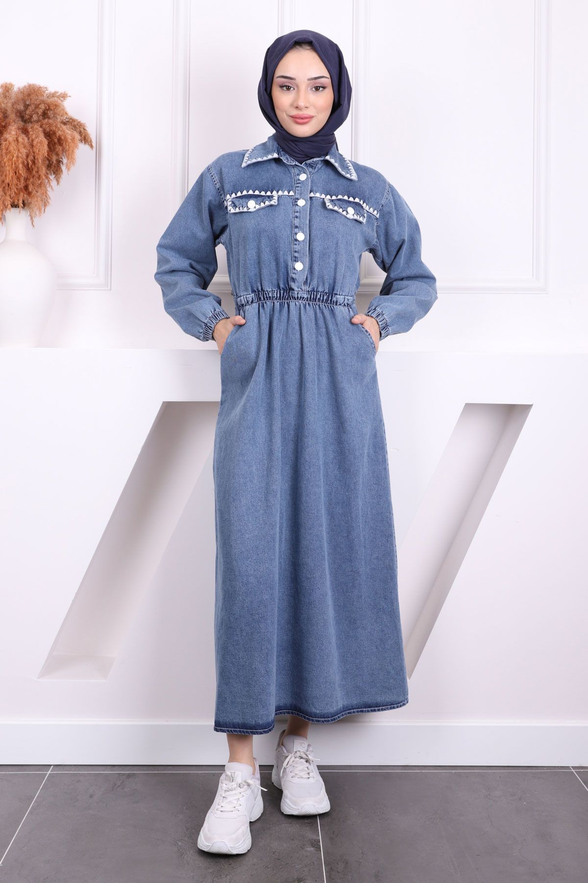 İmajButik-Blue Embroidered Pocket Denim Dress 1