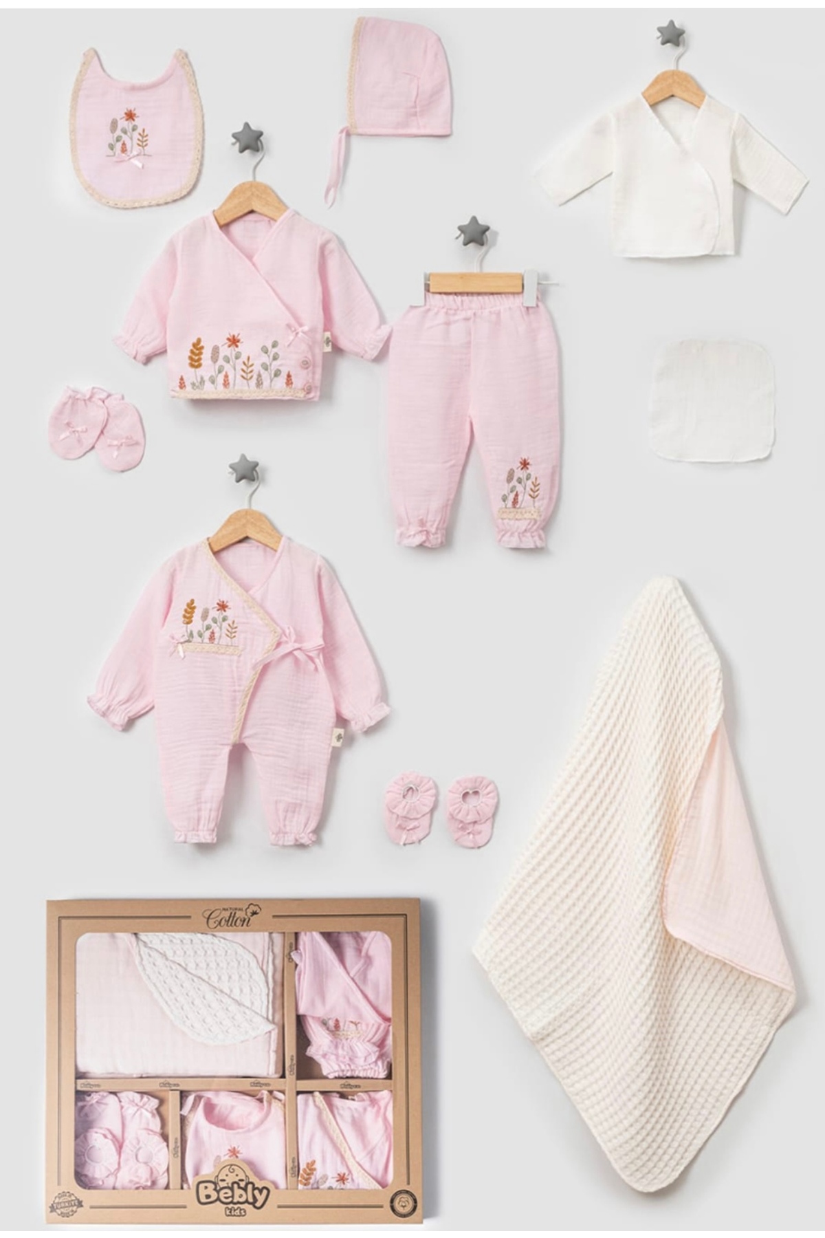 Cherub Baby Müslin Çiçekli Bebly Kız Bebek Yenidoğan 10 Parça Hastane Çıkışı Zıbın Seti fotoğrafı 2 (önizleme)