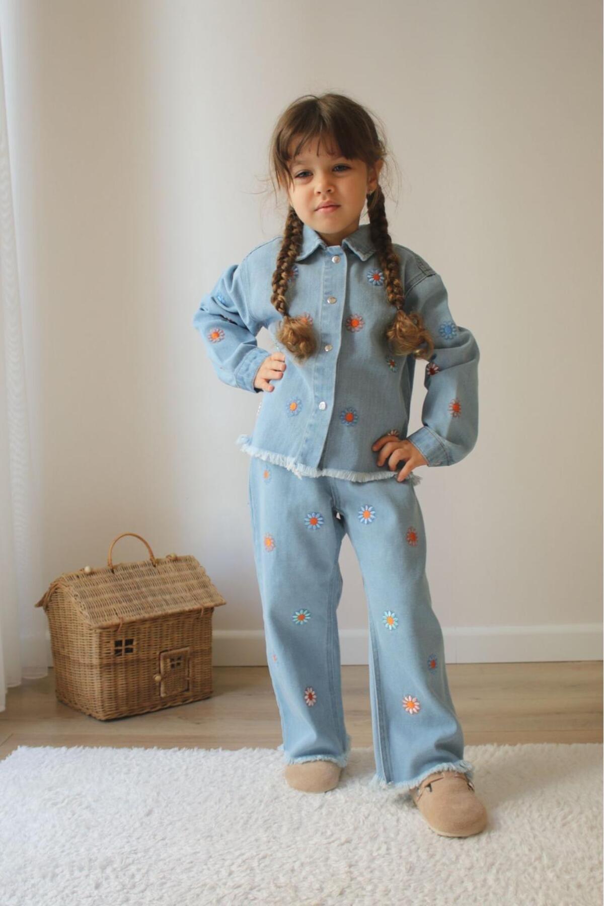 Zuzu-Girl's Daisy Embroidered Jacket Pants Jeans Set 2