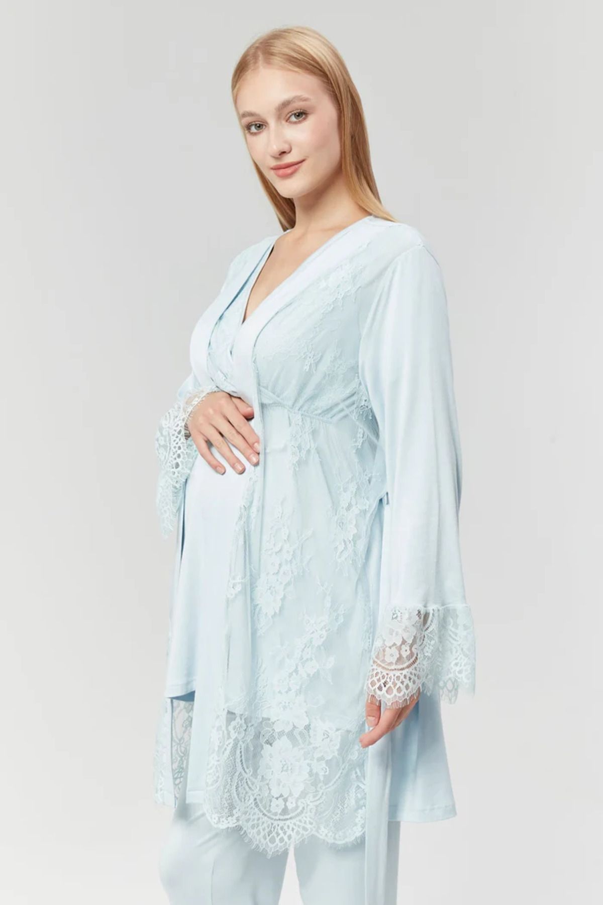 BEYVİP-Women's Blue Lace Dressing Gown Double Breasted Maternity Pyjama Set 4