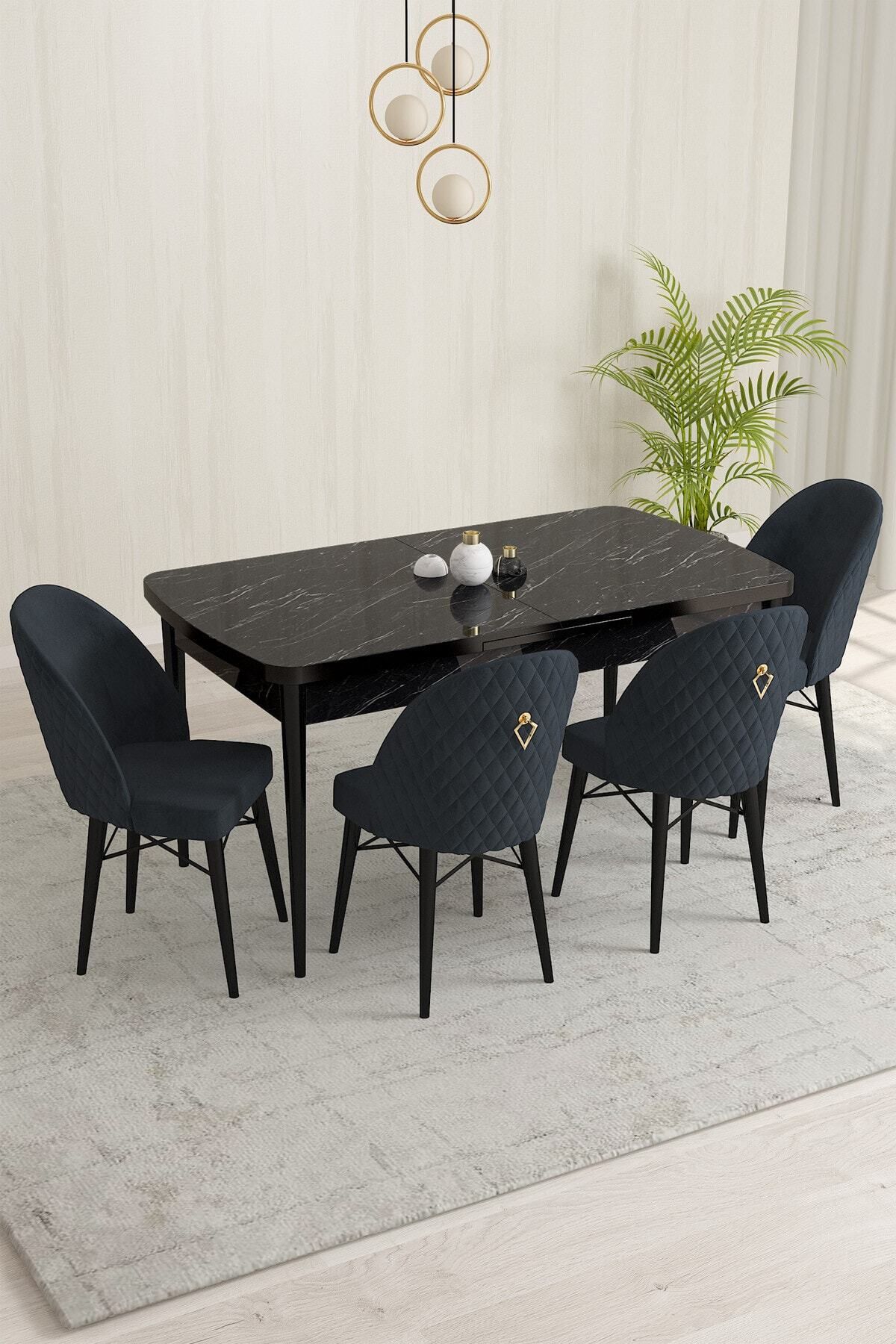 violeta Siyah Mermer Desen 80x132 Mdf Açılabilir Yemek Masası Takımı 4 Adet Sandalye